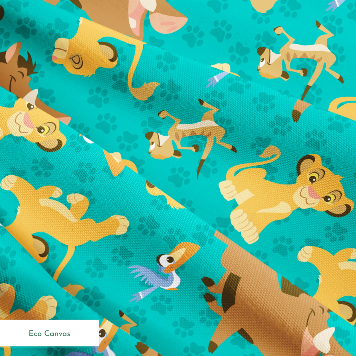 Cartoon Lion King characters pattern with Simba, Pumbaa and others on turquoise paw print background springs ecocanvas texture