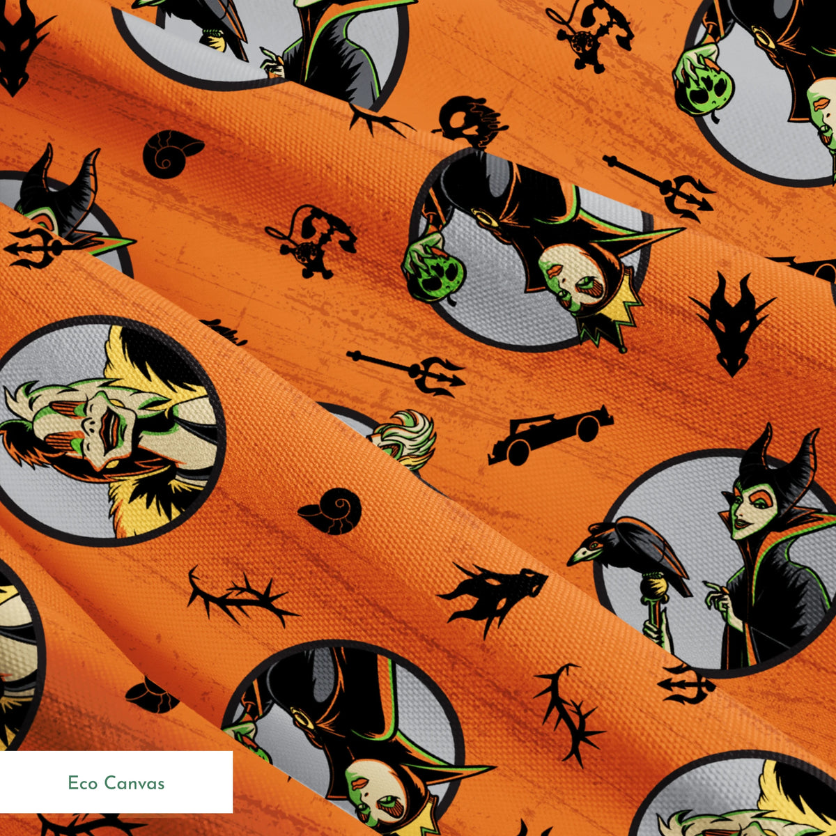 Halloween-themed orange pattern with circular Disney Villain portraits, black cats, bats, pumpkins, and spooky symbols springs ecocanvas texture