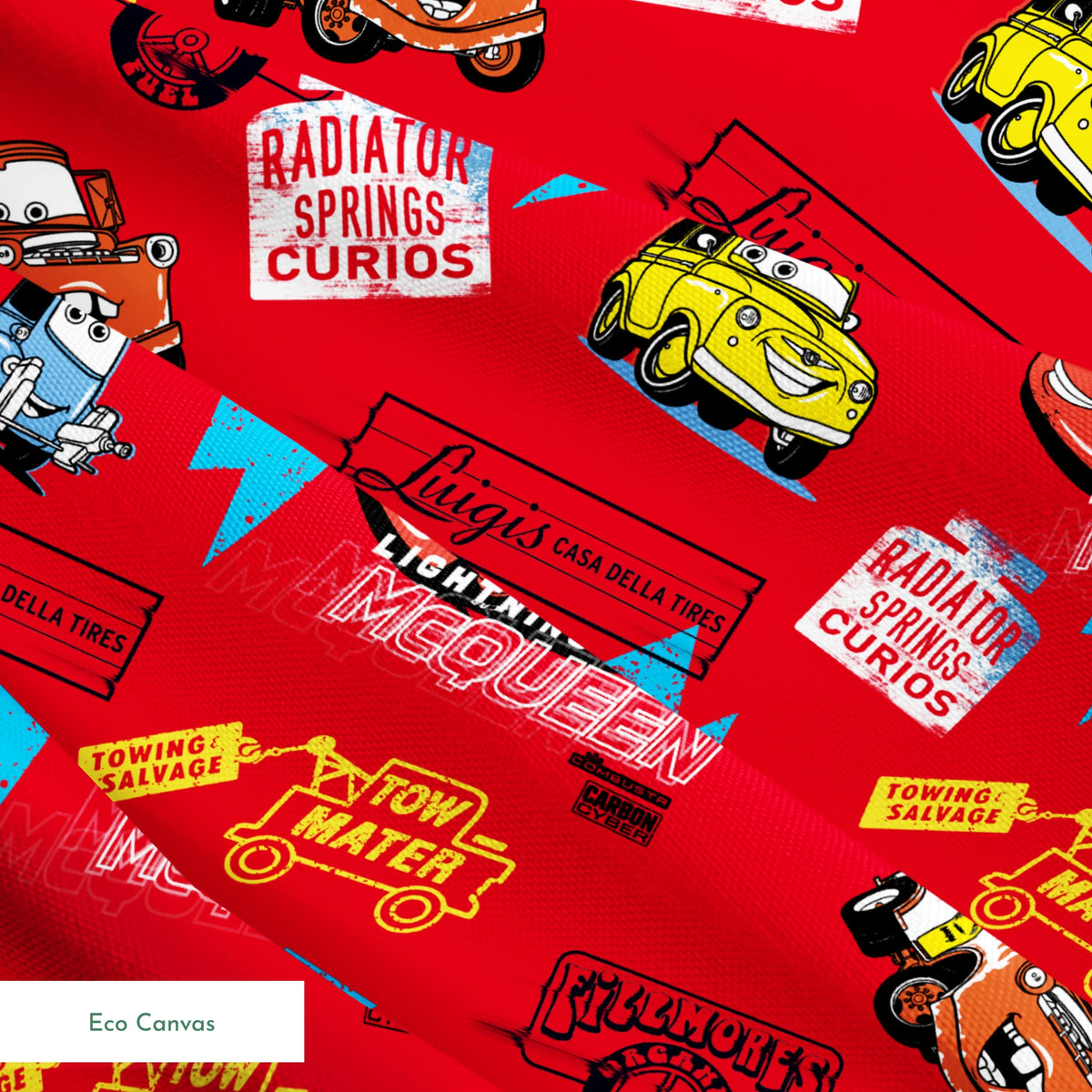 Colorful Disney Cars pattern featuring Lightning McQueen and Mater on vibrant red background with logos springs ecocanvas texture