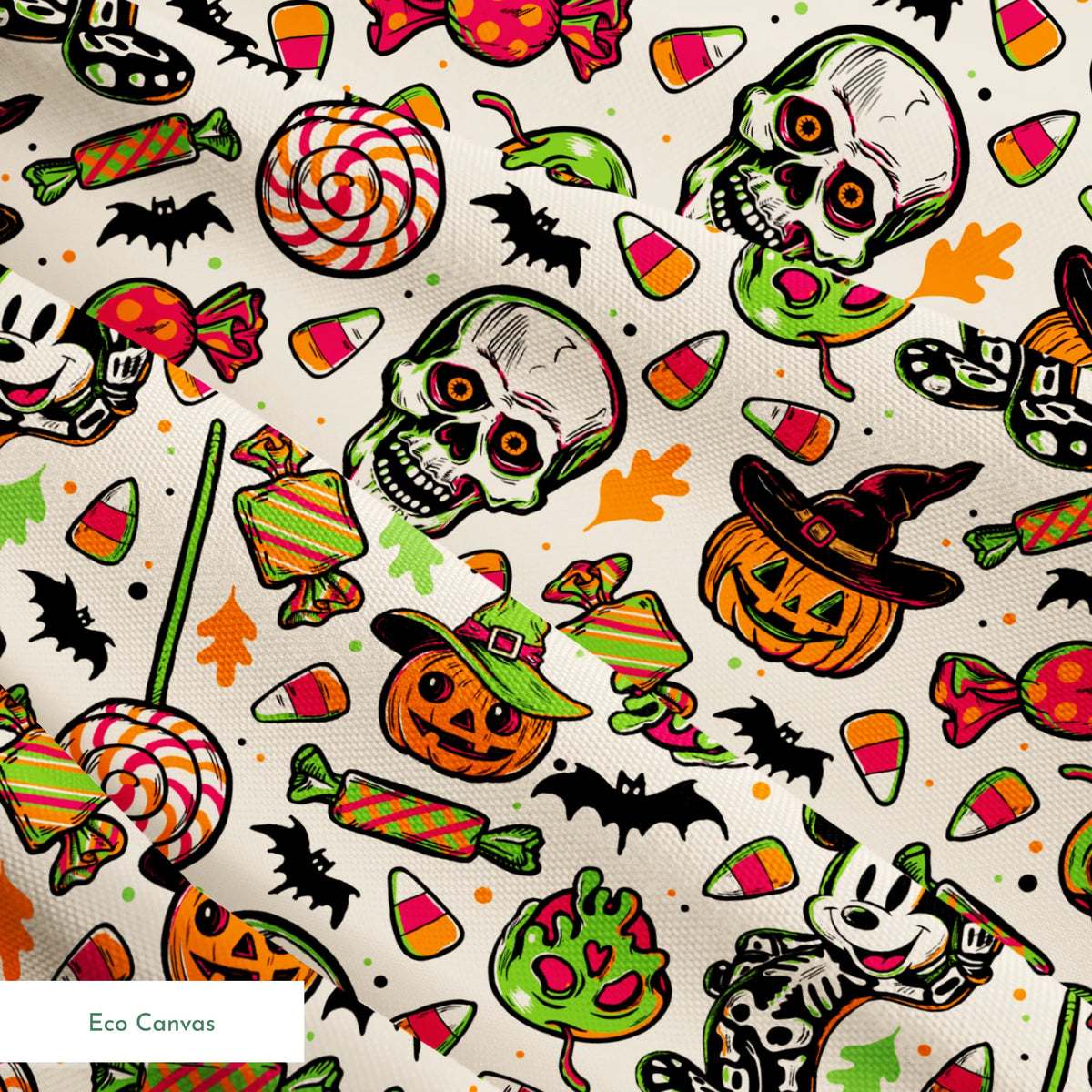 Halloween pattern with skulls, pumpkins, candy corn, wrapped candies, lollipops, bats, and autumn leaves on cream background springs ecocanvas texture