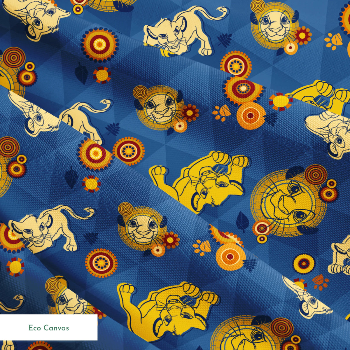 Geometric pattern with yellow lion figures and circular designs on blue triangular background springs ecocanvas texture