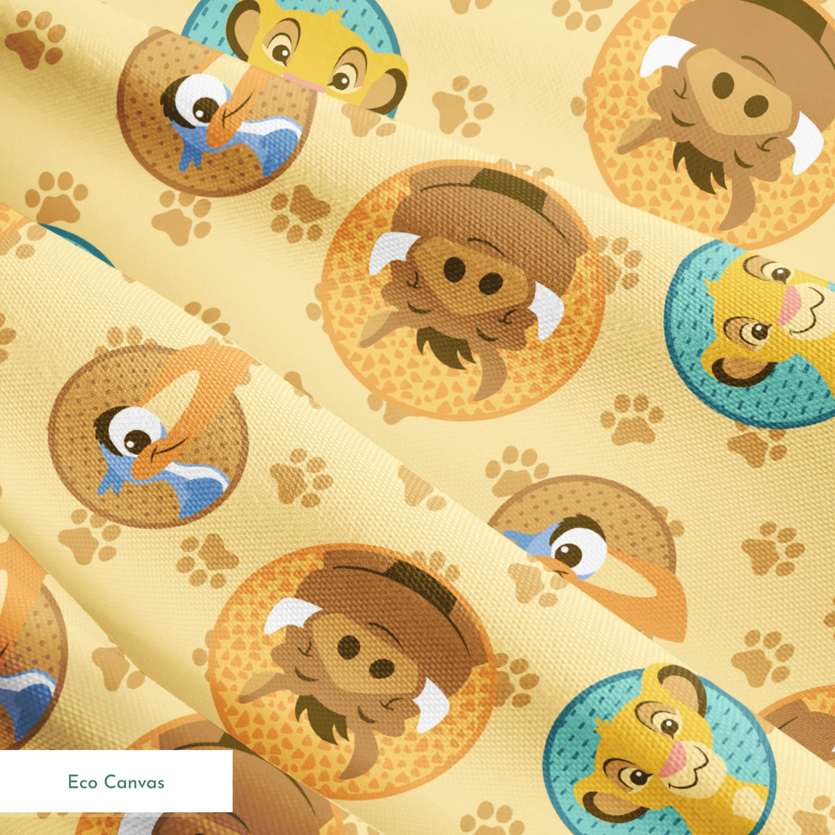 Cartoon animal faces in circular frames on beige background with paw prints - lion, monkey, dog, bird springs ecocanvas texture