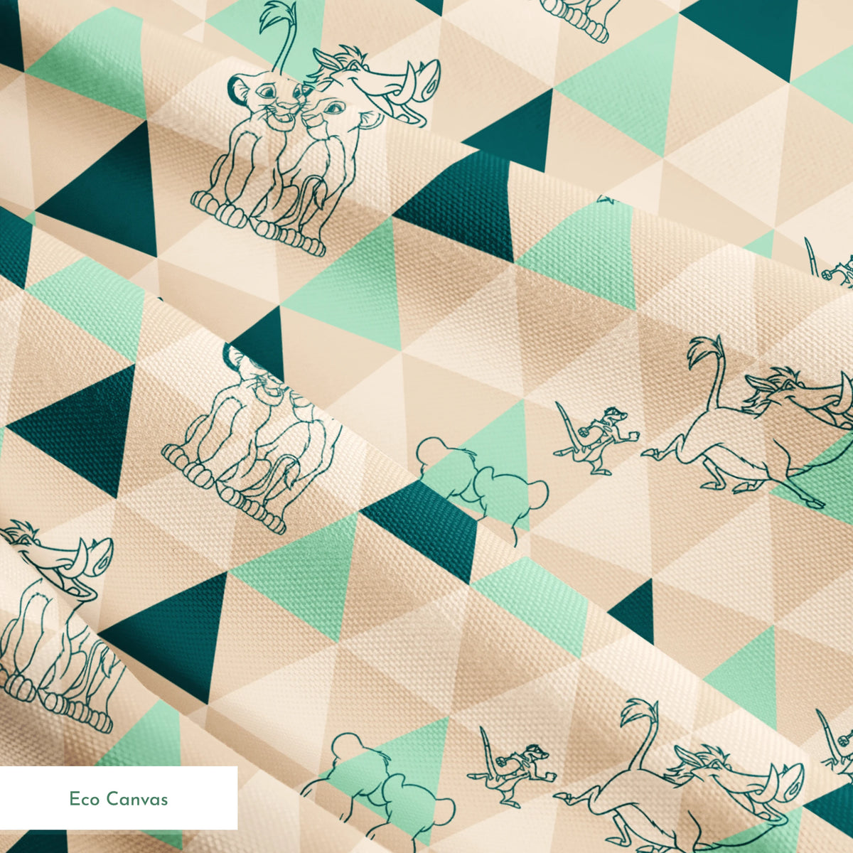 Geometric triangle pattern with stylized animal illustrations in teal and beige, featuring dogs, elephants, and other creatures. springs ecocanvas texture