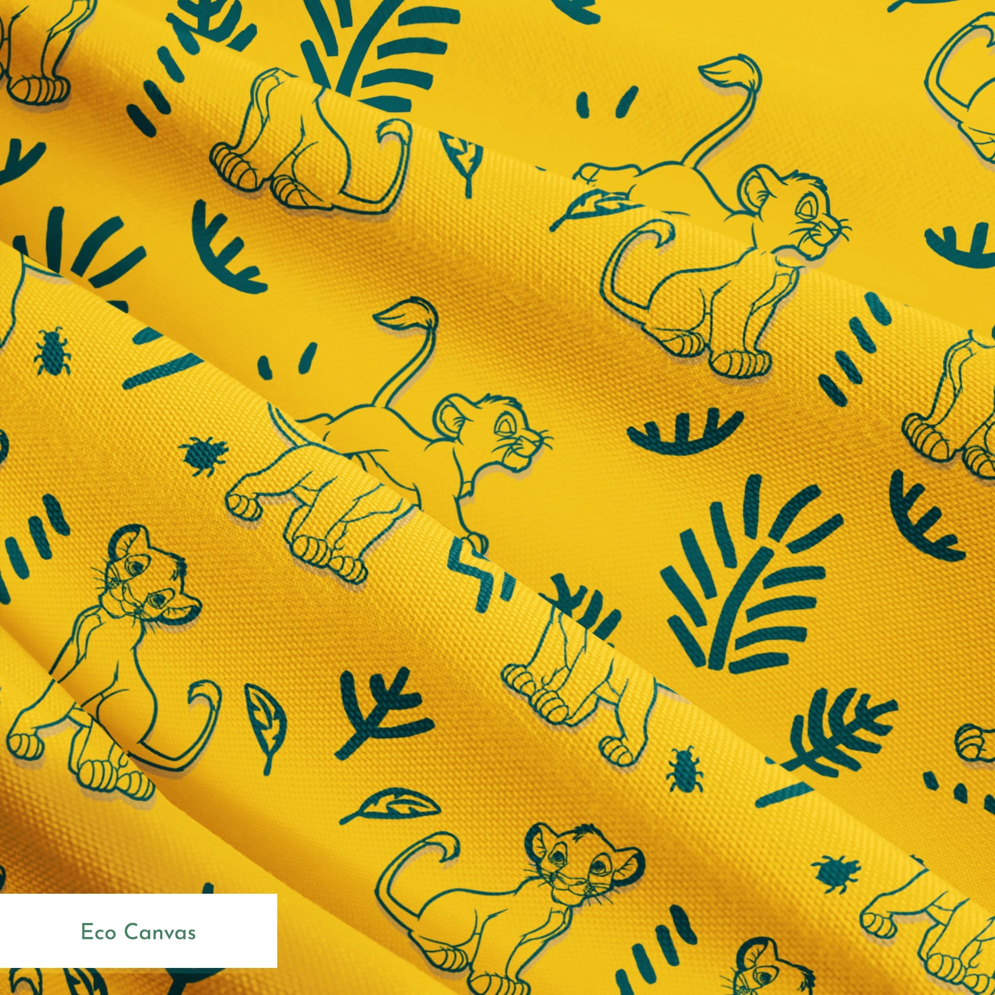 Pattern of cartoon lion cubs with green leaves and decorative elements on bright yellow background springs ecocanvas texture