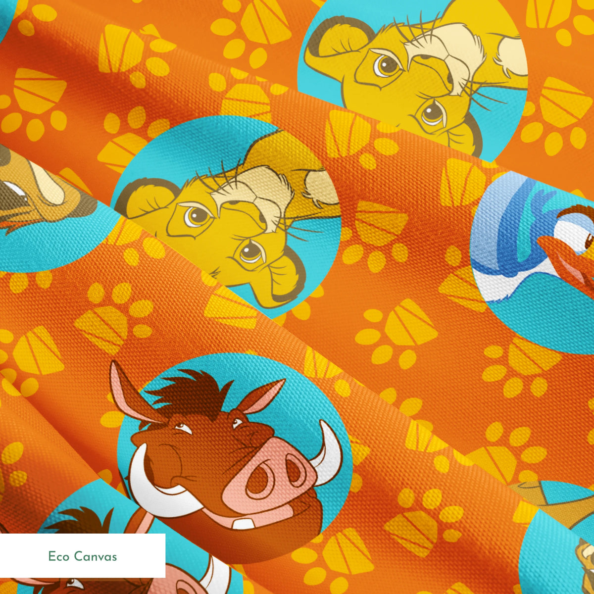Cartoon animal characters in blue circles on orange background with yellow paw prints pattern springs ecocanvas texture