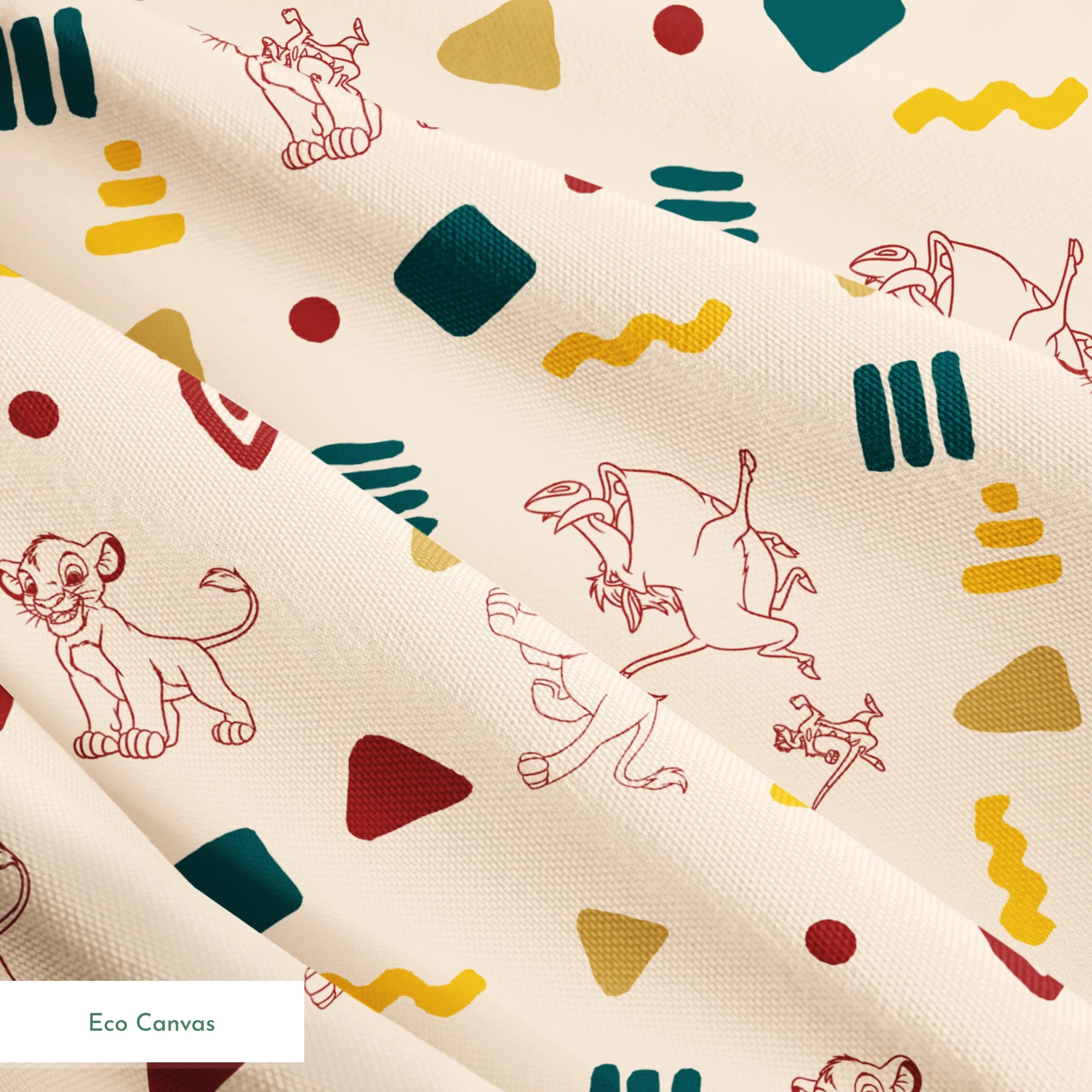 Abstract pattern with line art animal sketches, geometric shapes in teal, yellow, and burgundy on beige background springs ecocanvas texture