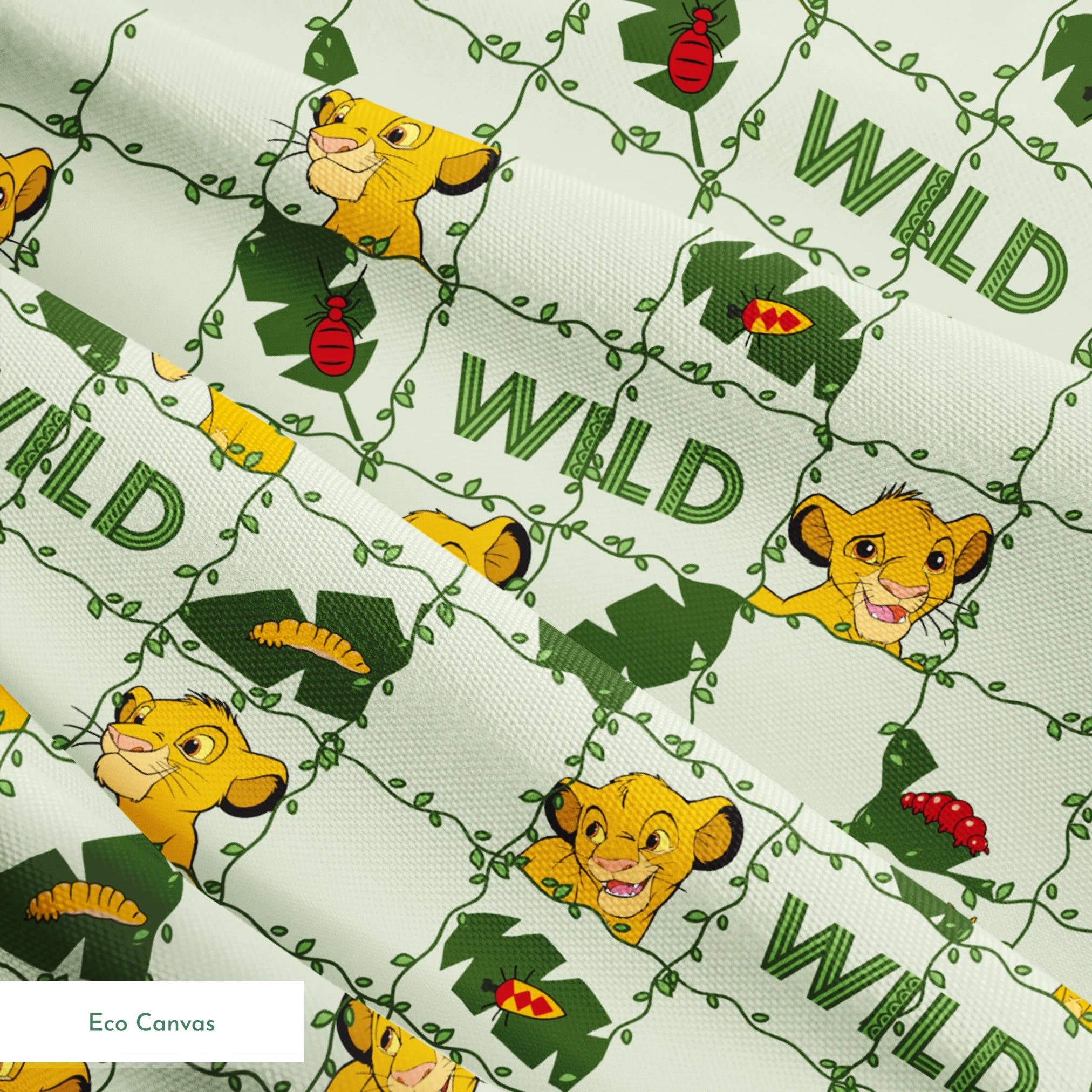 Young cartoon lion cubs with tropical leaves and "WILD" text on light green background pattern springs ecocanvas texture