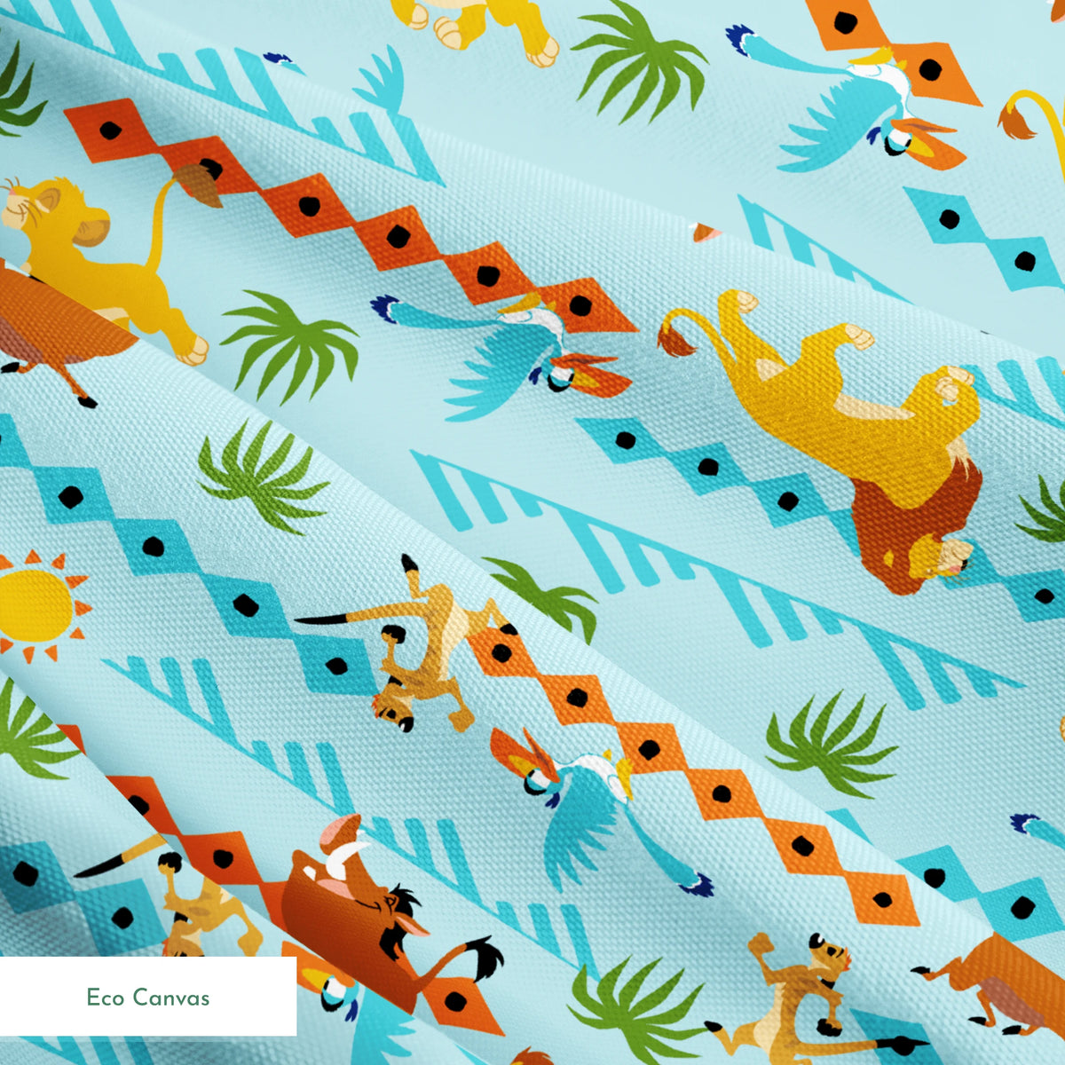 Colorful pattern with cartoon lions, palm trees, and sun designs on a light blue background springs ecocanvas texture