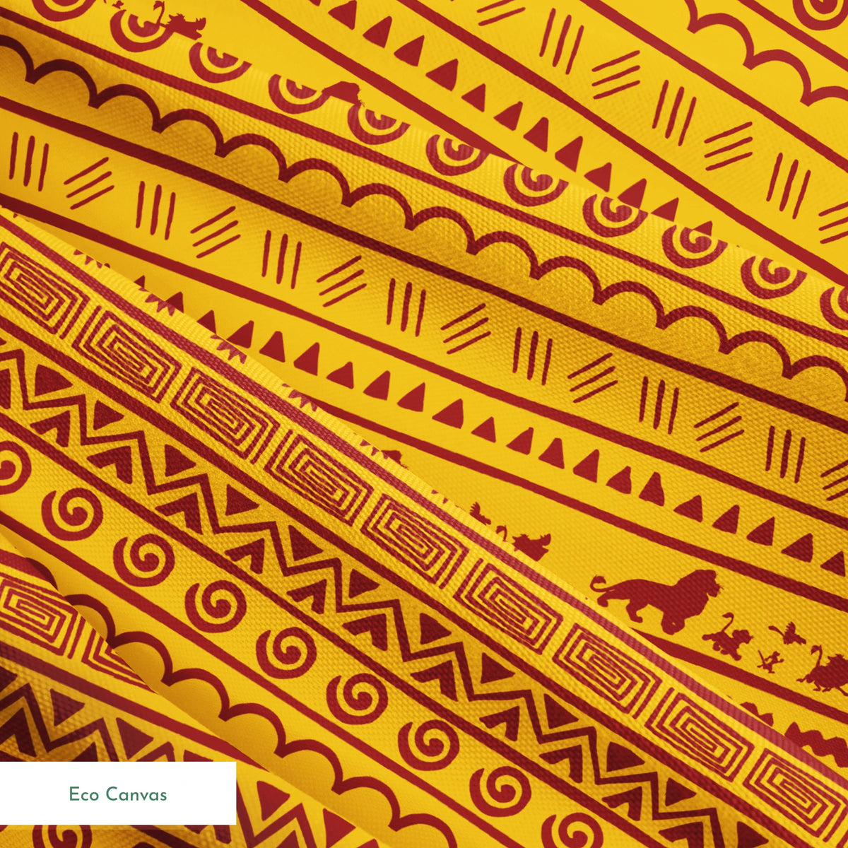 Traditional African pattern in yellow and maroon with spirals, lions, geometric designs, and sun symbols arranged in horizontal bands springs ecocanvas texture