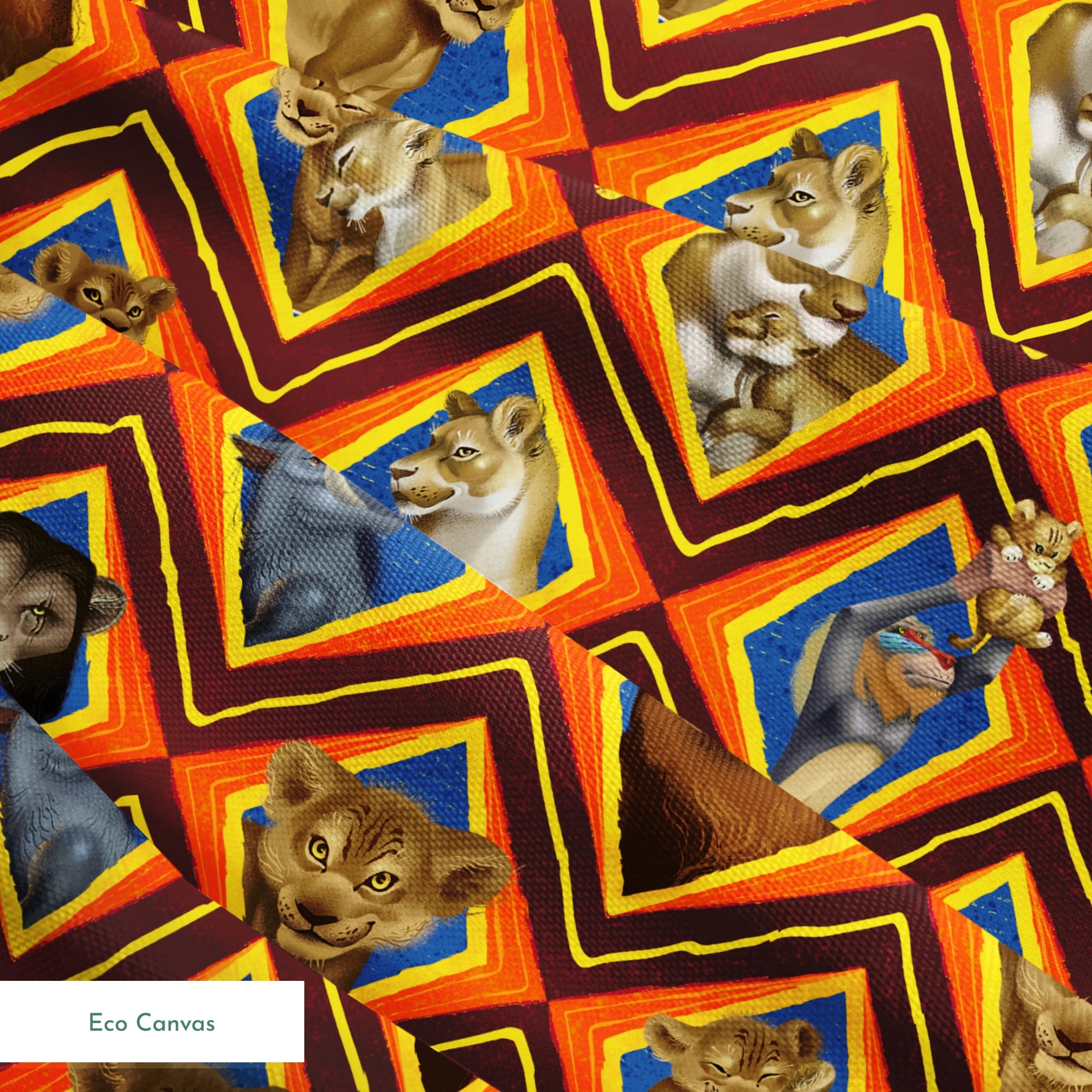 Diamond pattern of illustrated lions with various expressions in brown, tan, and gray against colorful geometric backgrounds. springs ecocanvas texture
