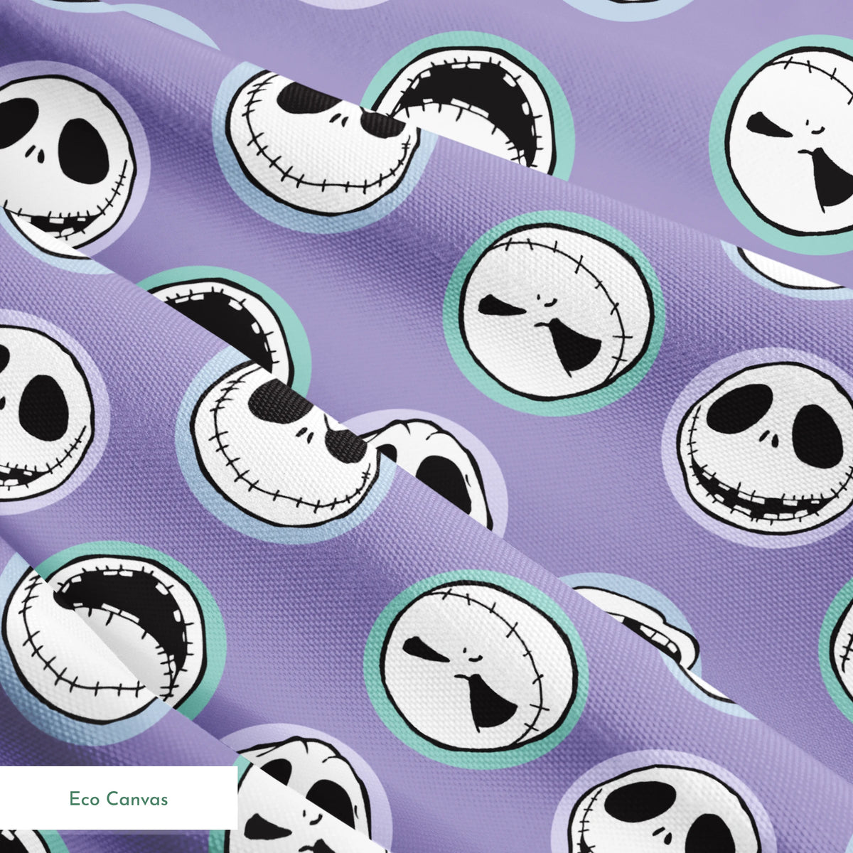 Repeating skull faces with stitched mouths and large eyes on purple background in cartoon style springs ecocanvas texture