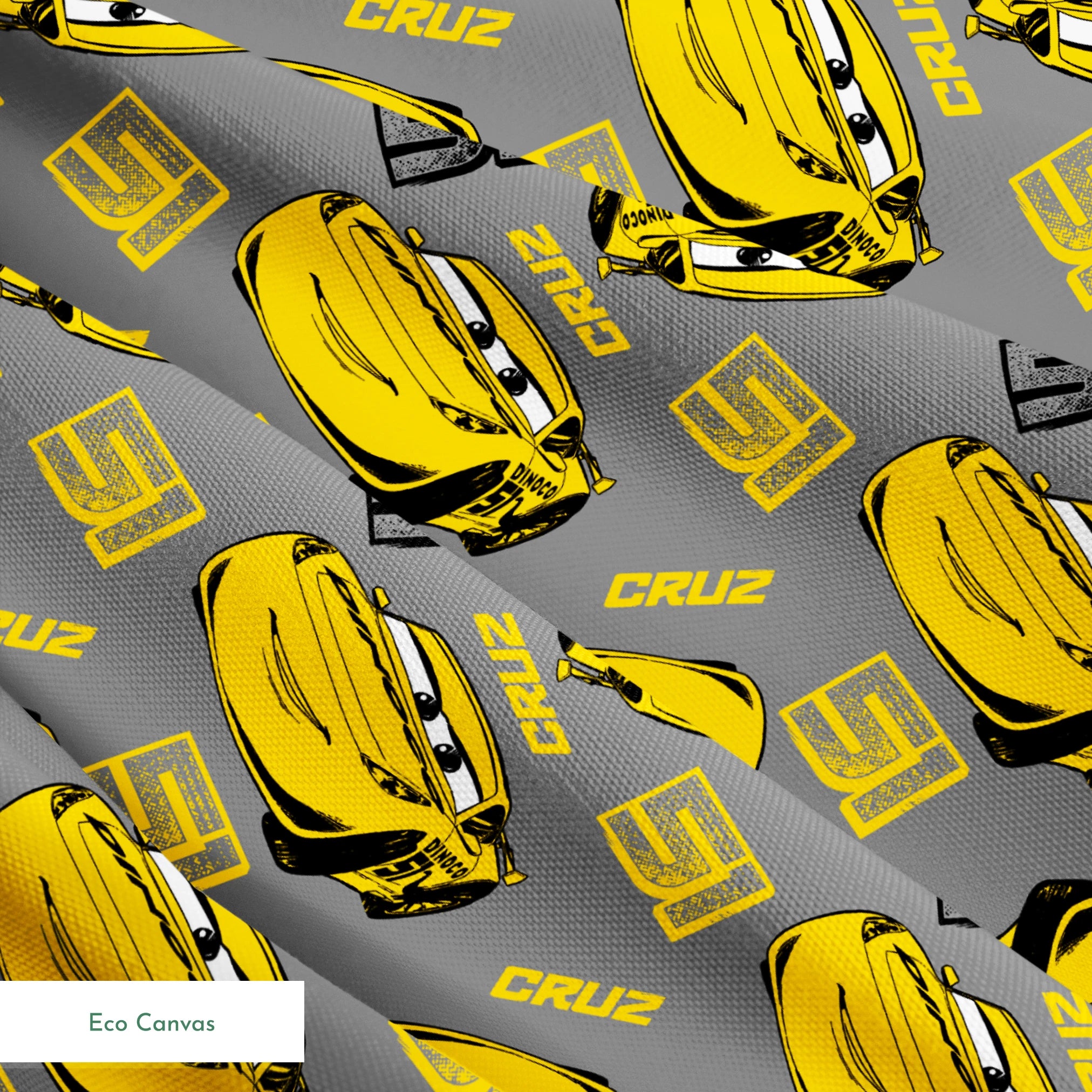 Yellow cartoon race cars with Cruz name on gray background, Cars movie pattern springs ecocanvas texture