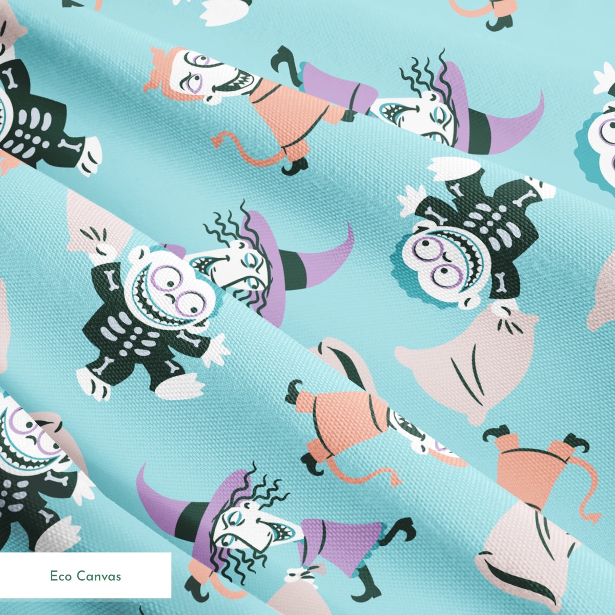Whimsical pattern of cartoon characters in Halloween costumes on light blue background springs ecocanvas texture