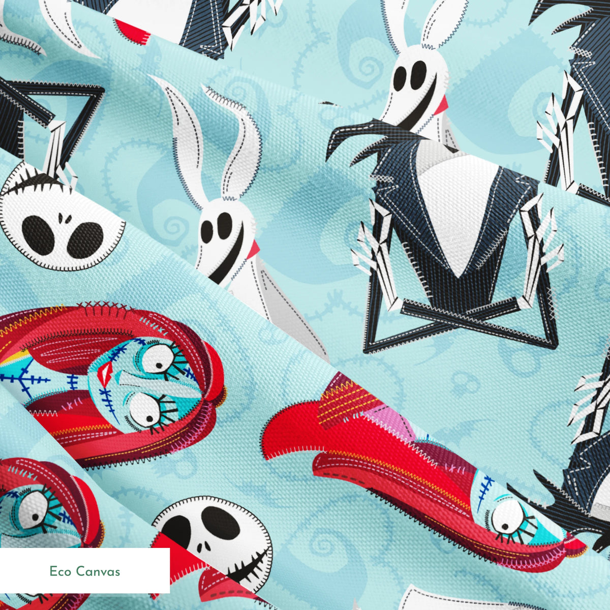 Nightmare Before Christmas pattern with Jack Skellington, Zero ghost dog, and coffin shapes on light blue background springs ecocanvas texture