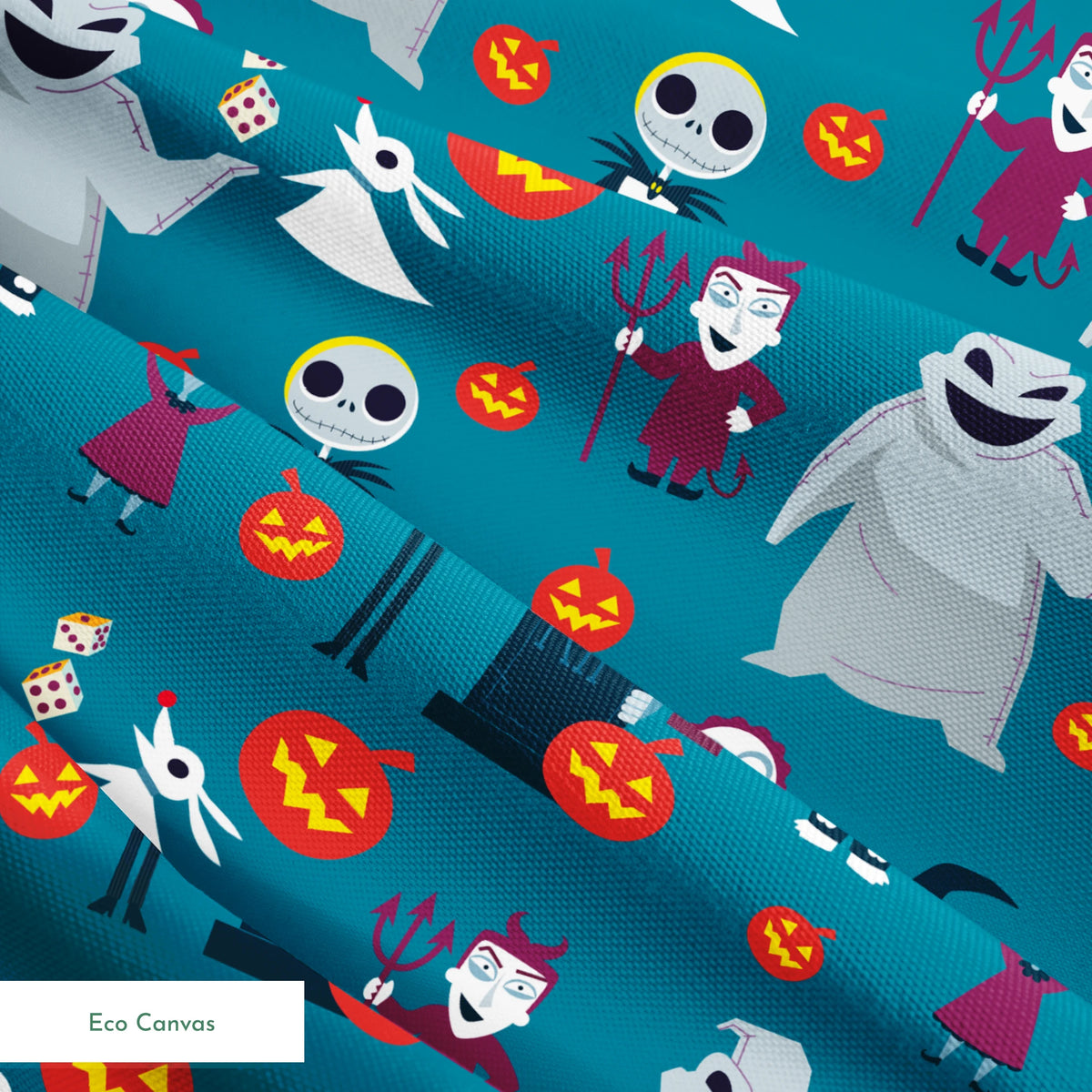 Halloween characters pattern with ghost, skeleton, witch, and pumpkins on teal background in cartoon style springs ecocanvas texture