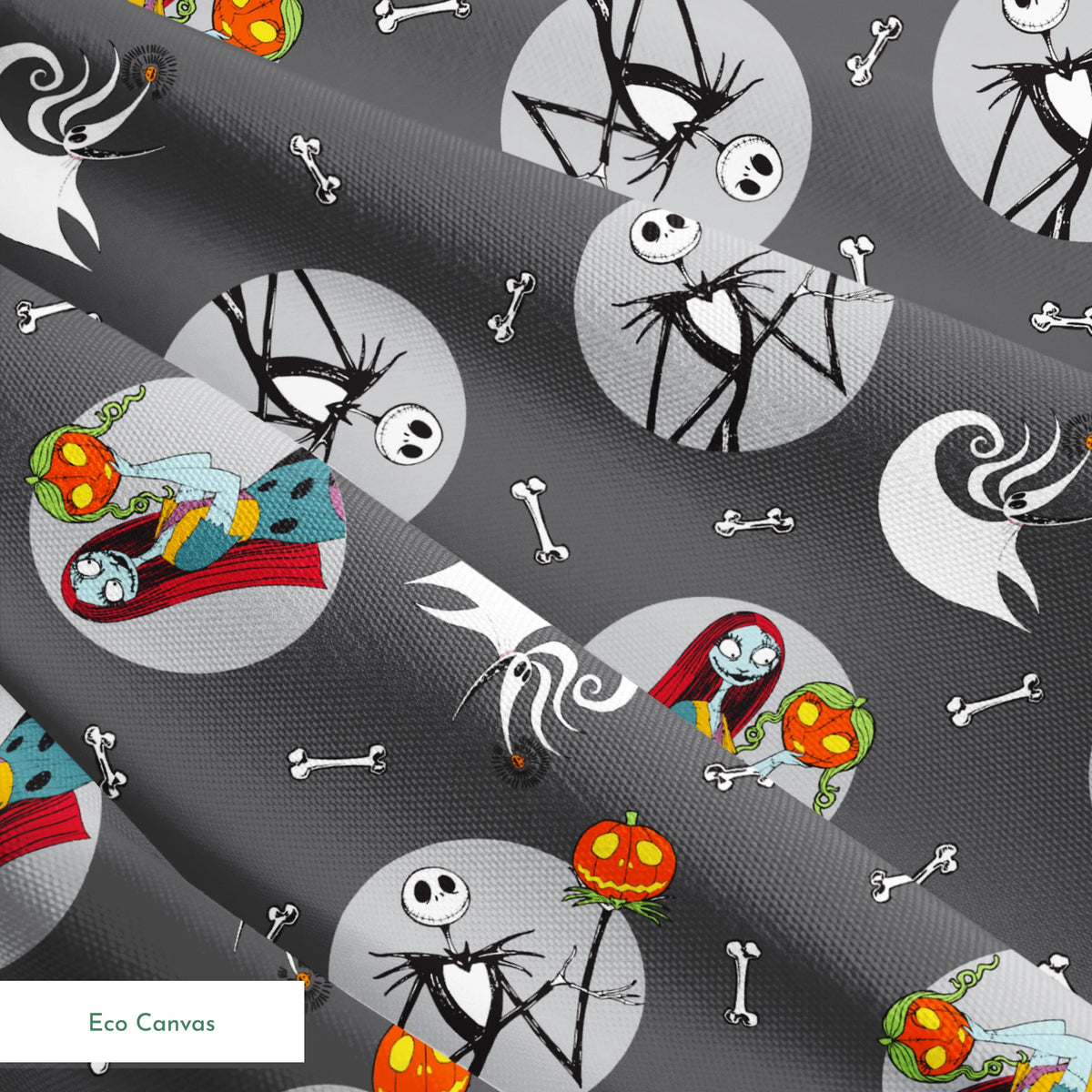 Nightmare Before Christmas themed pattern with Sally and Jack Skellington, pumpkins, bones, and ghostly designs on gray background springs ecocanvas texture