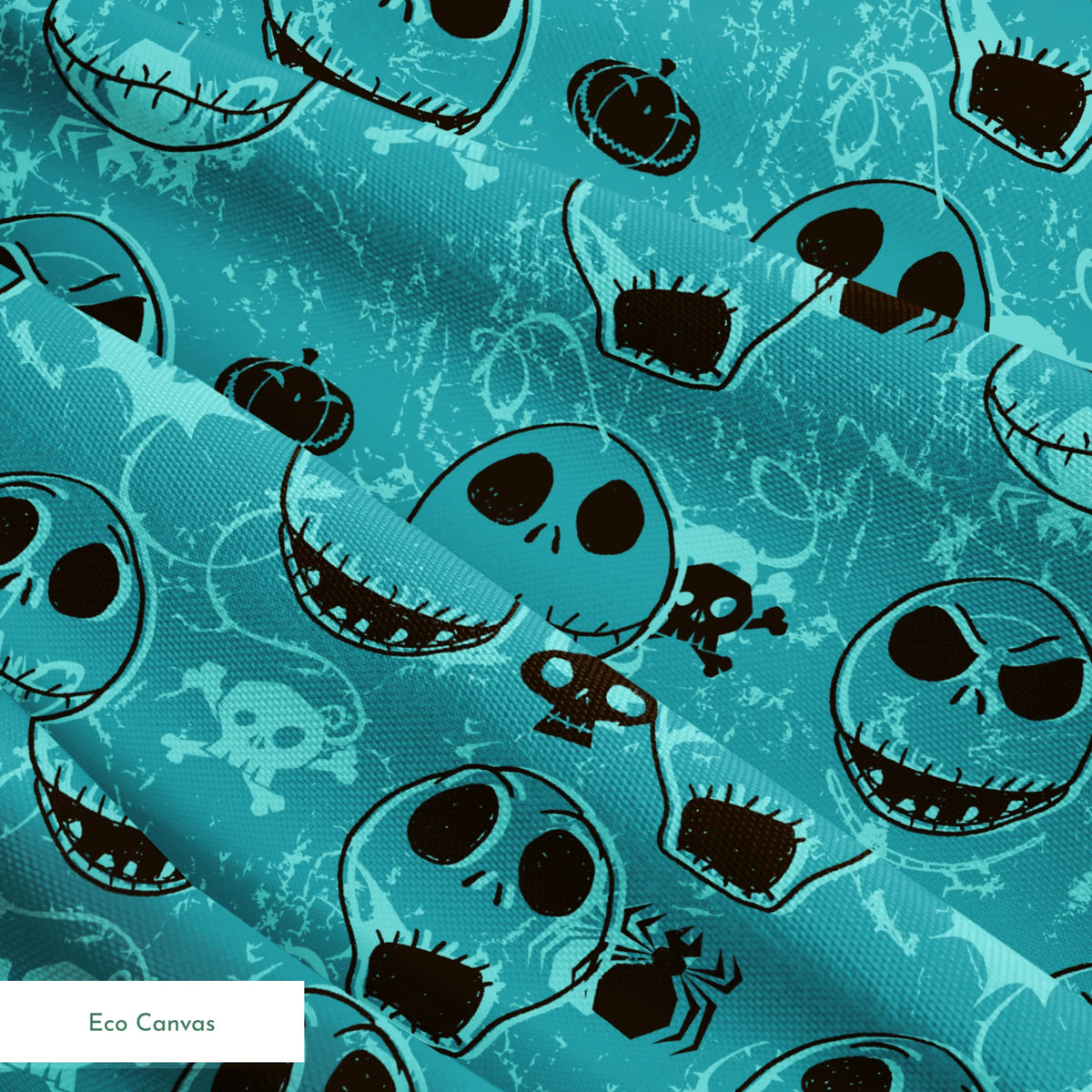 Teal pattern of cartoon skull faces with different expressions, Halloween elements like pumpkins and spiders springs ecocanvas texture