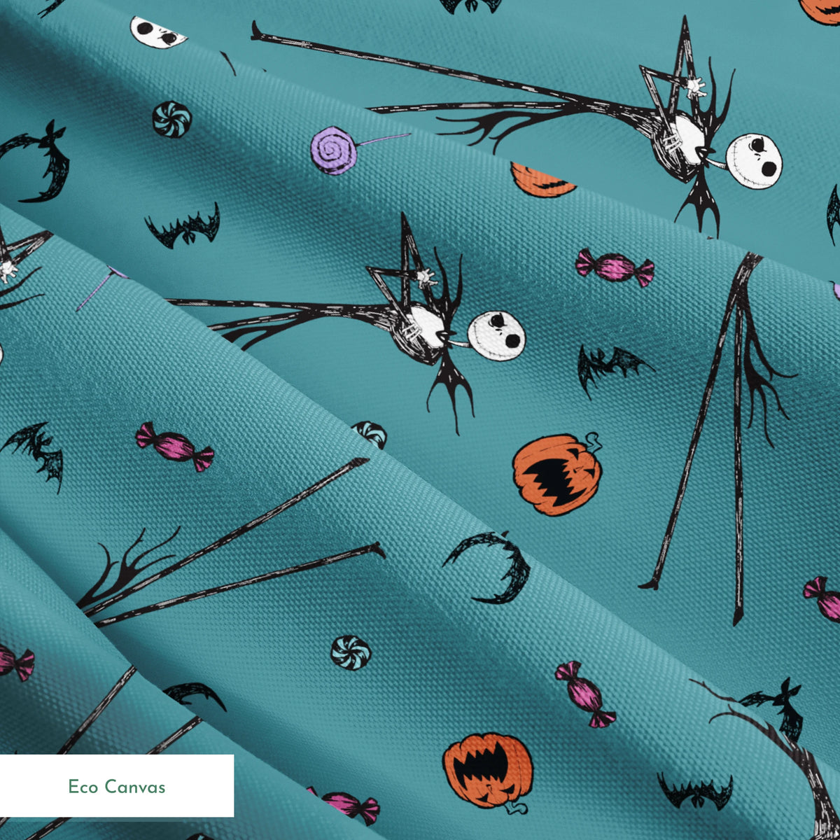 Halloween pattern with witch brooms, pumpkins, bats, candy, and creepy eyes on teal background springs ecocanvas texture