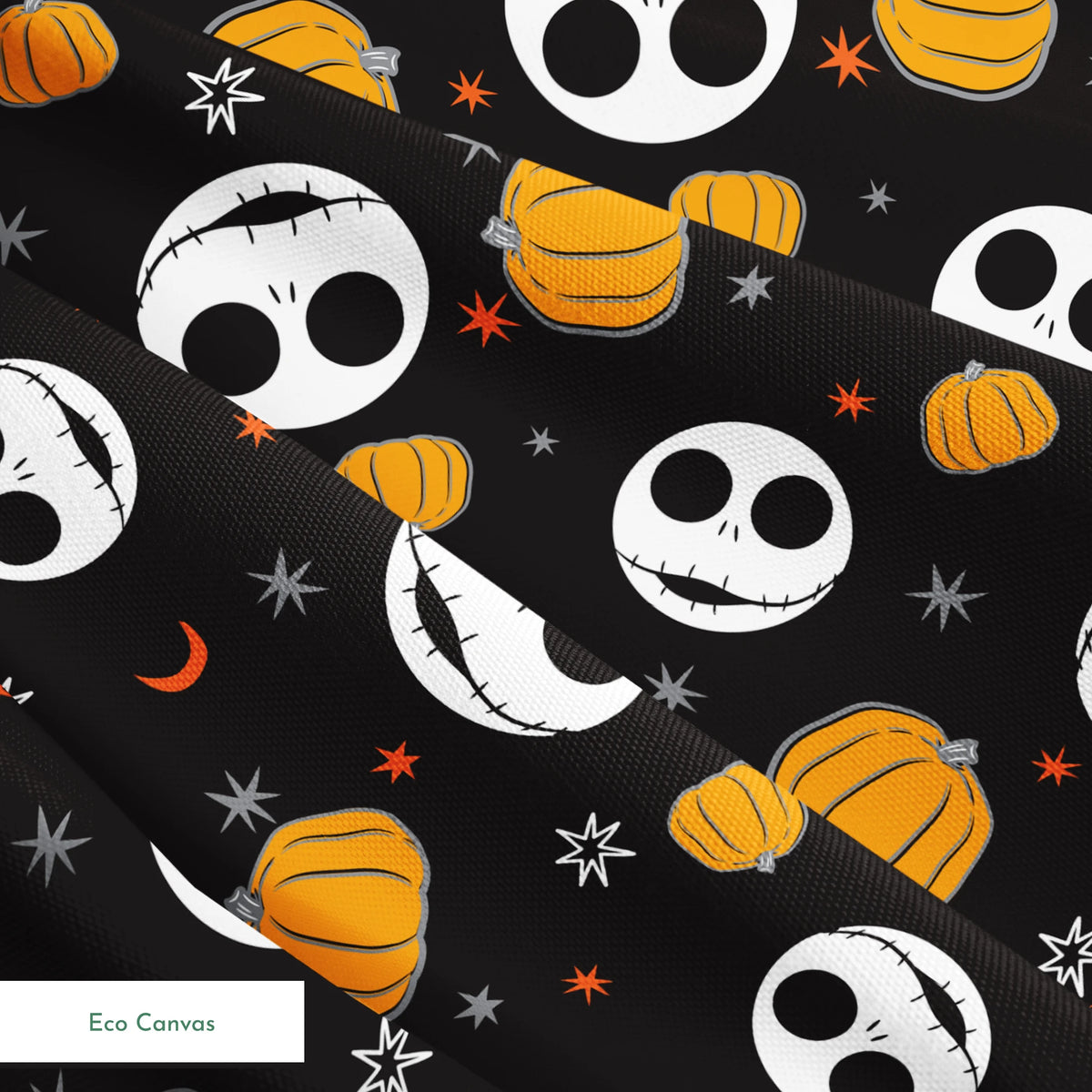 Halloween pattern with Nightmare Before Christmas characters, orange pumpkins, stars and crescent moons on black background springs ecocanvas texture