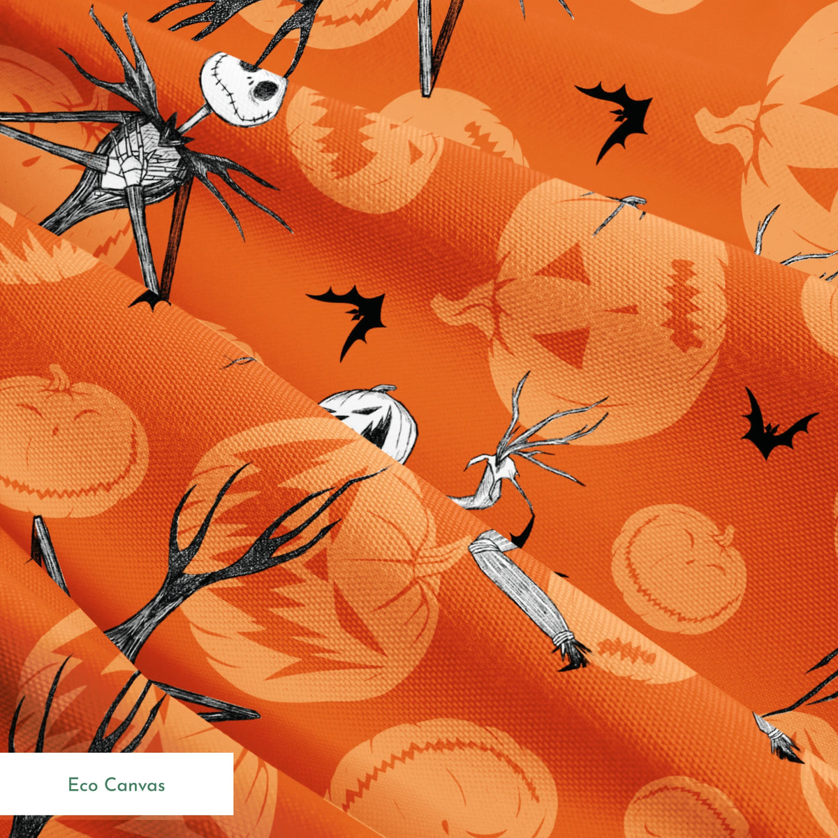 Nightmare Before Christmas pattern with Jack Skellington, bats, and jack-o'-lantern silhouettes on orange background springs ecocanvas texture
