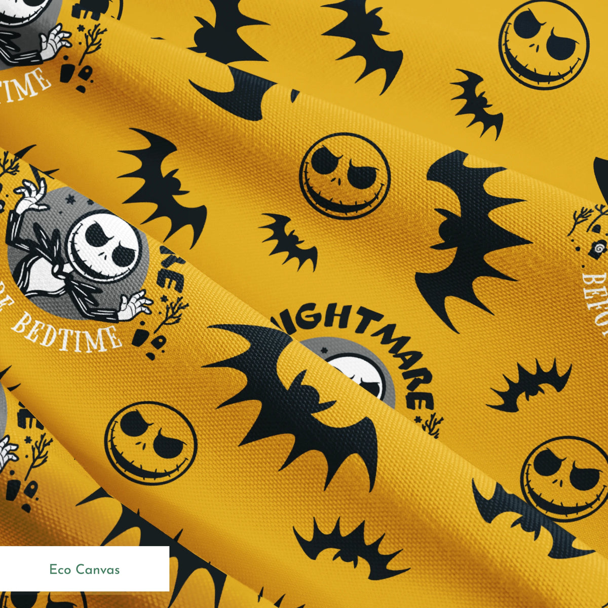 Halloween pattern with skeletal figure, "Nightmare" text, yellow background, black bats and smiling faces springs ecocanvas texture