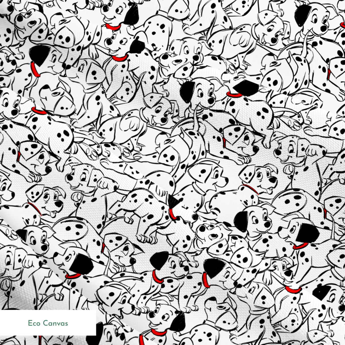 A densely packed pattern of Dalmatian puppies with black spots and red collars, creating a whimsical black and white illustration. springs ecocanvas texture