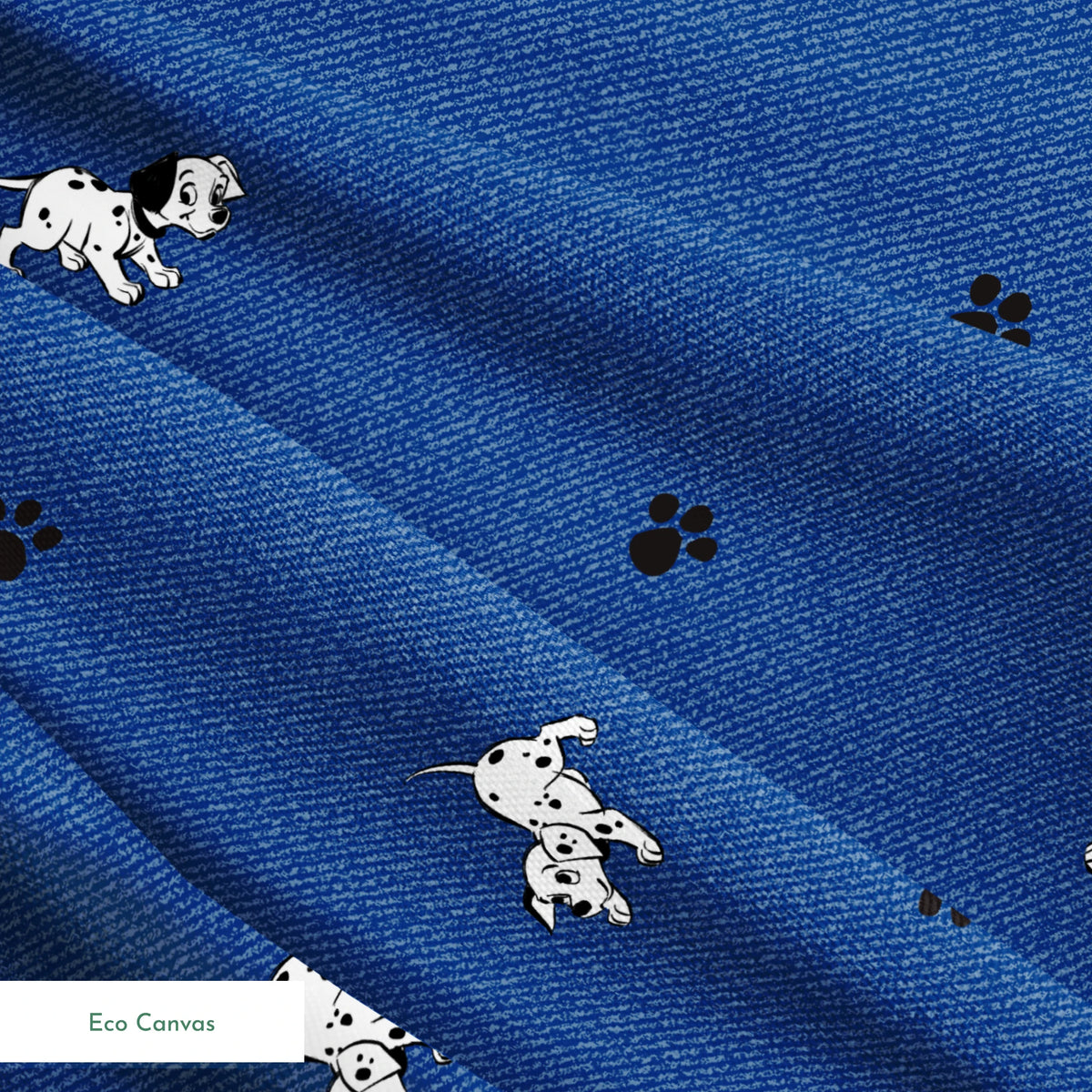 Blue background with small white cartoon-style space astronauts and black paw prints scattered across the pattern springs ecocanvas texture
