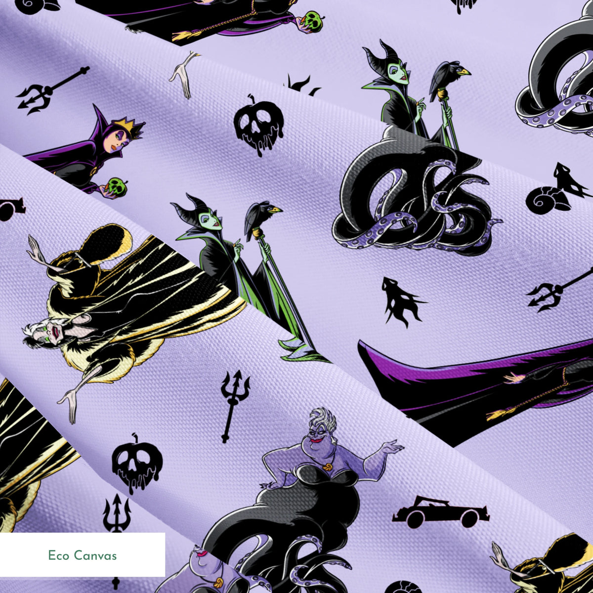 Disney villain characters pattern on purple background, featuring Maleficent and other iconic antagonists in stylized form springs ecocanvas texture