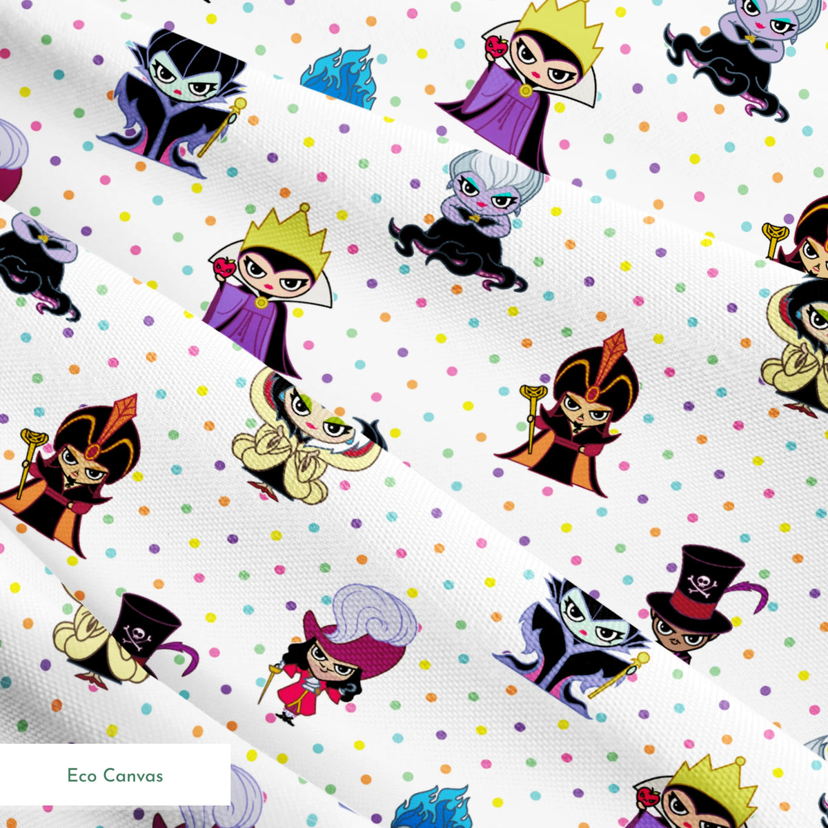 Cartoon Disney villain characters in chibi style scattered on polka dot background, including figures with crowns, capes, and distinctive colorful designs springs ecocanvas texture