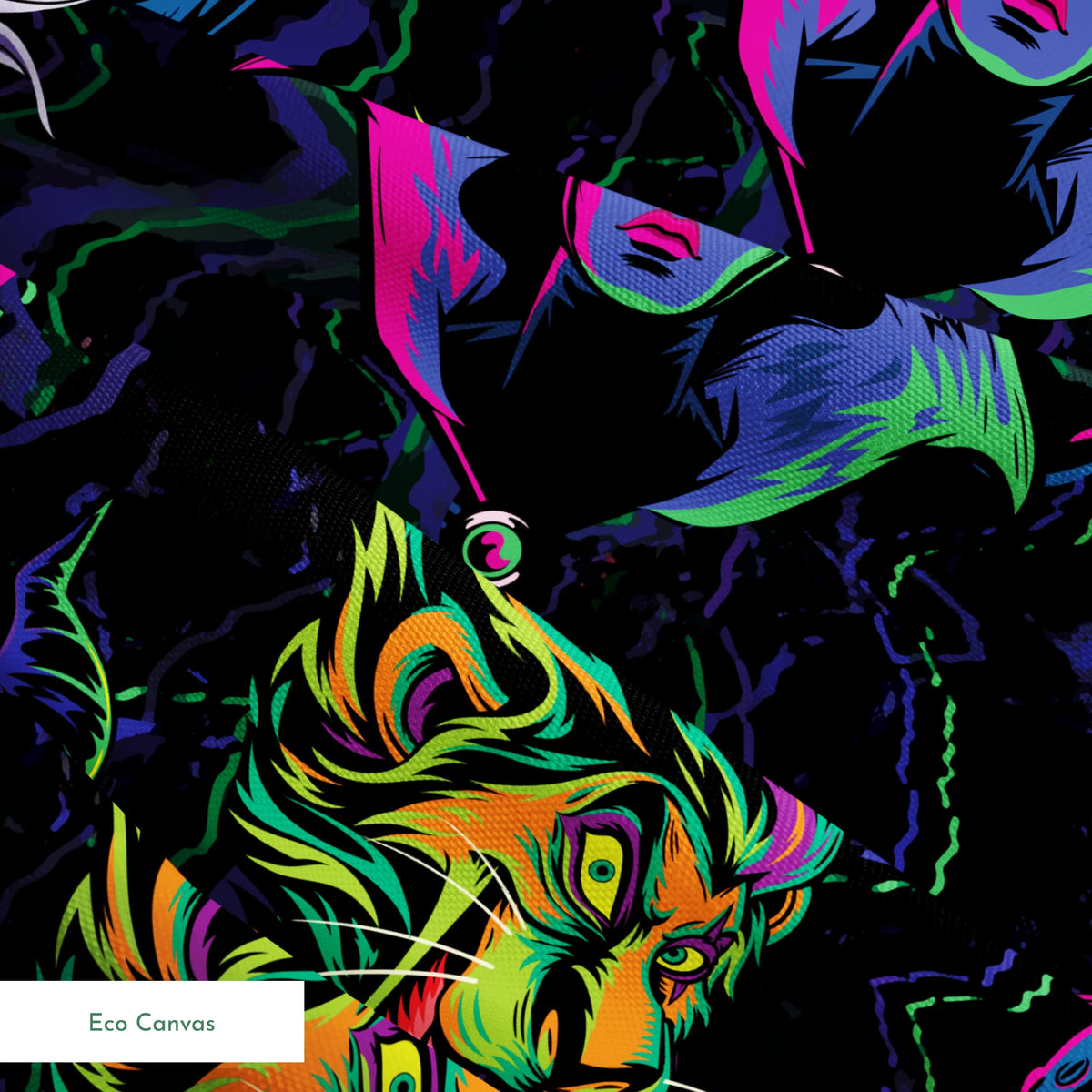 Colorful Disney villains in neon colors against black background springs ecocanvas texture