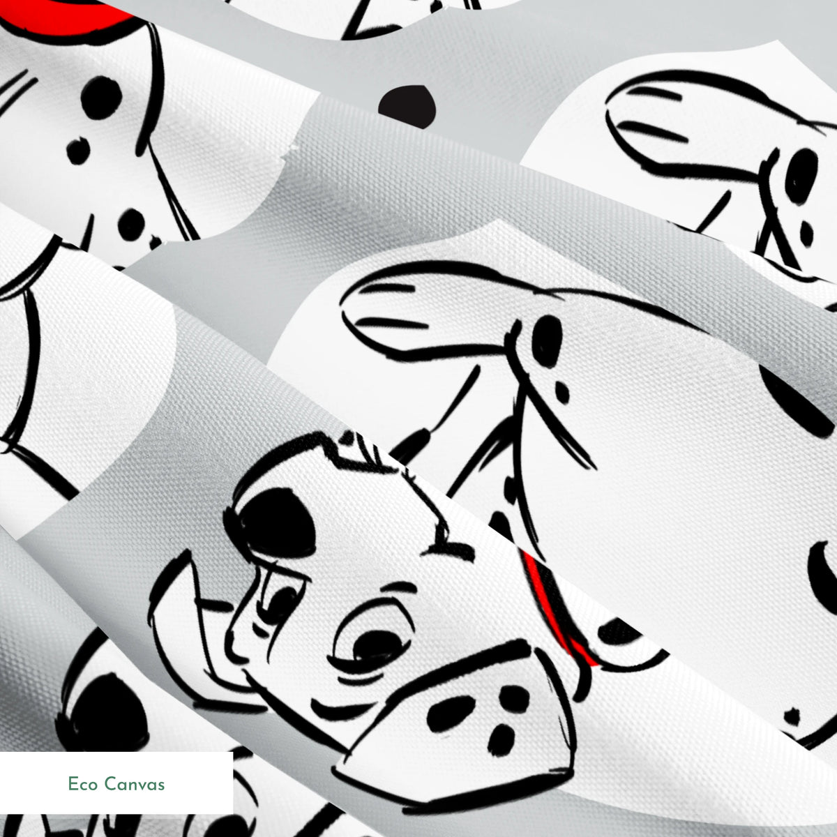 Cartoon Dalmatian dogs with red collars on gray background with black spots pattern springs ecocanvas texture
