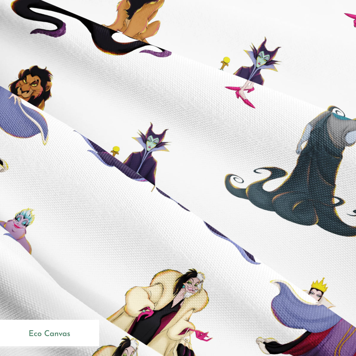 Disney villains pattern with Evil Queen, Scar, Maleficent, Ursula, and Cruella on white background springs ecocanvas texture