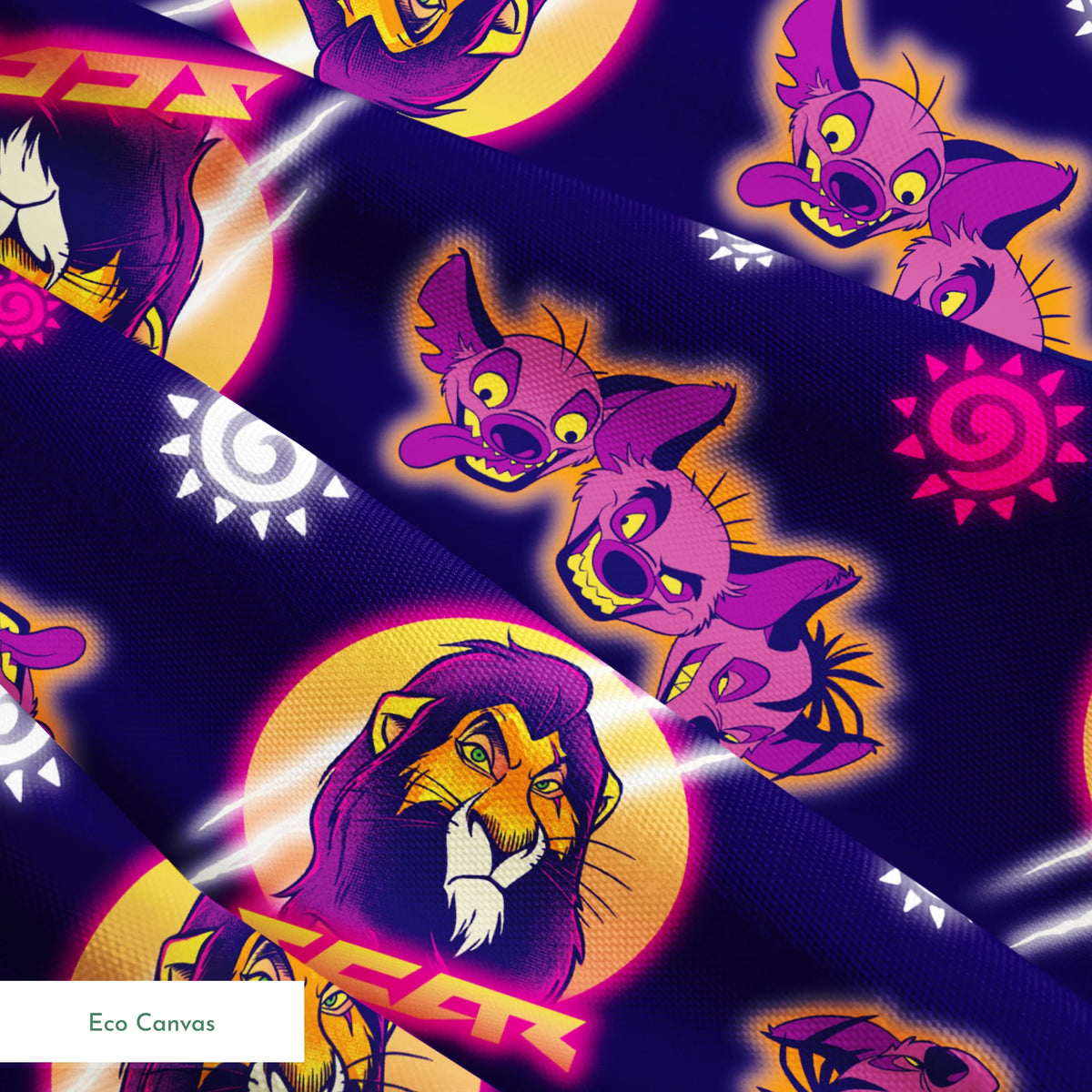 Lion and hyena characters pattern with suns on purple background, Disney's Lion King inspired design springs ecocanvas texture
