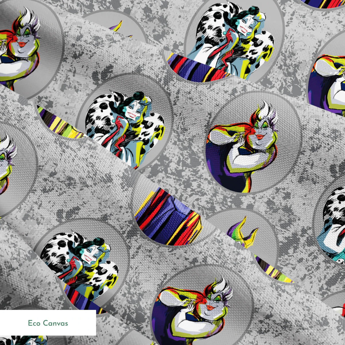 Disney villain characters in oval portraits on gray marbled background, including Ursula, Maleficent, Cruella, and Evil Queen springs ecocanvas texture