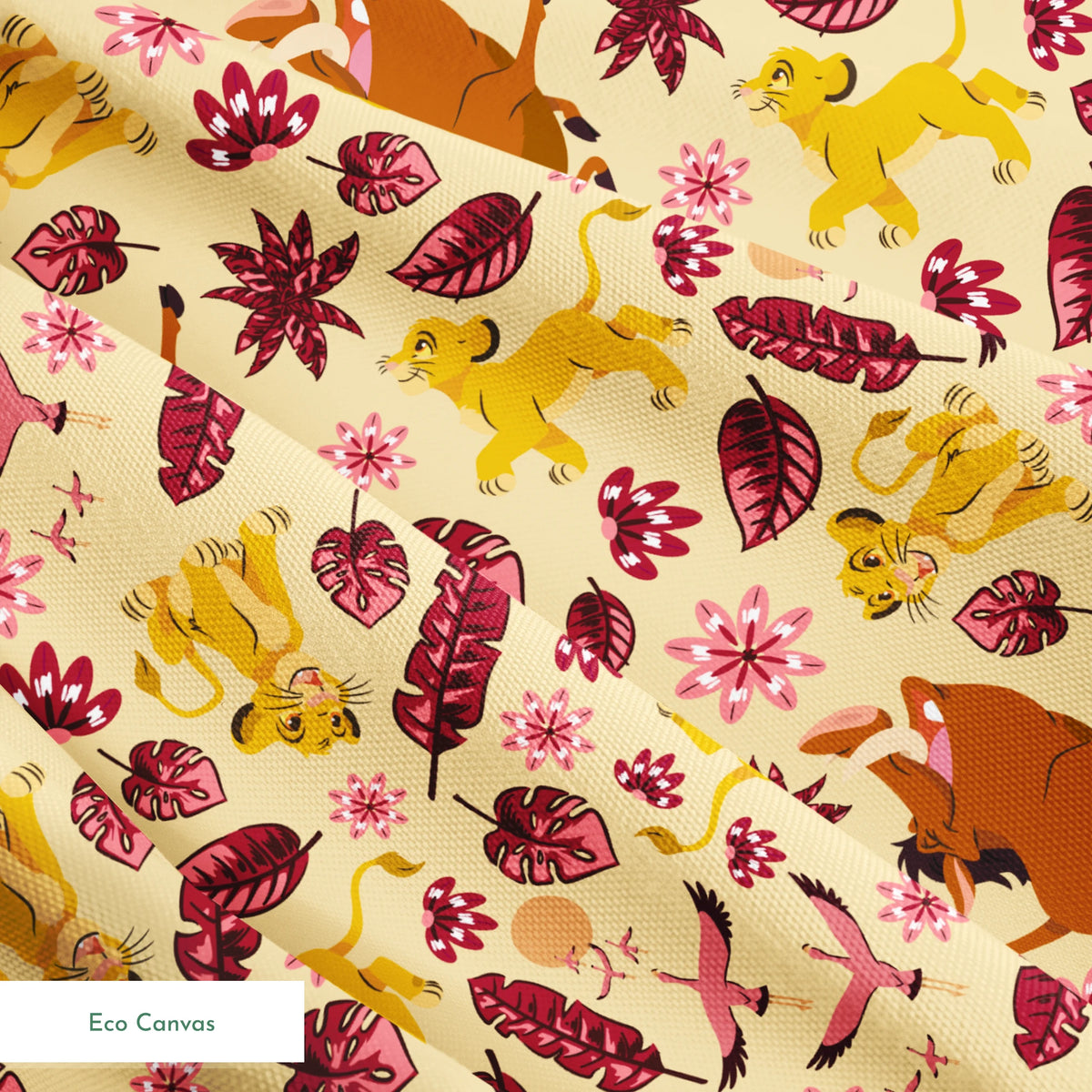 Decorative pattern with lions, gazelles, and boars in yellows and browns among maroon leaves and pink flowers springs ecocanvas texture