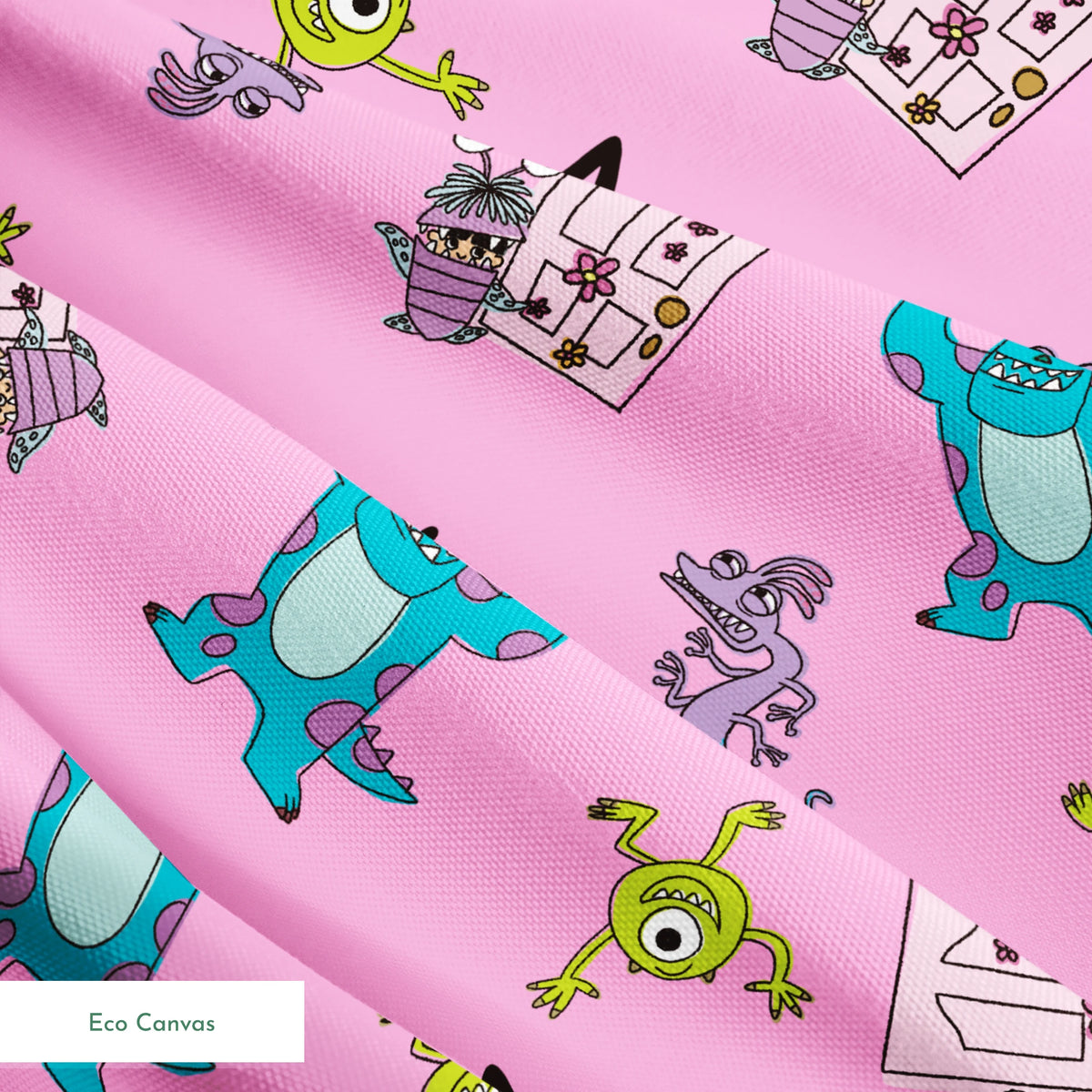 Cartoon monster pattern with blue creatures, green one-eyed characters, and "Arghh!!" text on pink background springs ecocanvas texture