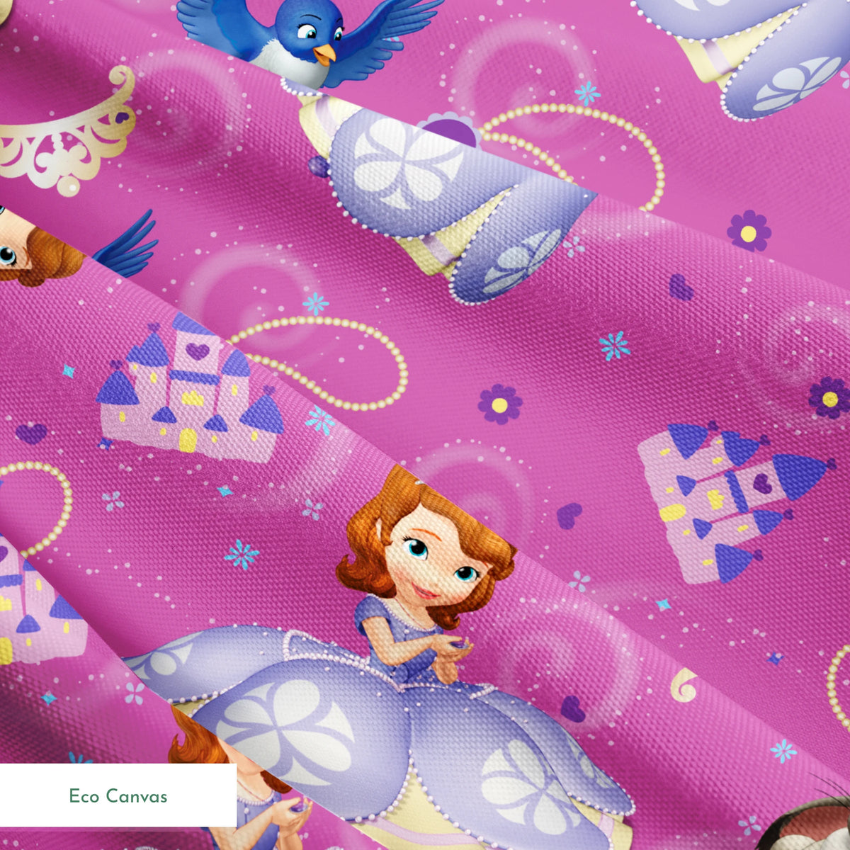 Princess Sofia pattern with purple background, crowns, castles, rabbits, and blue birds scattered among swirling designs springs ecocanvas texture