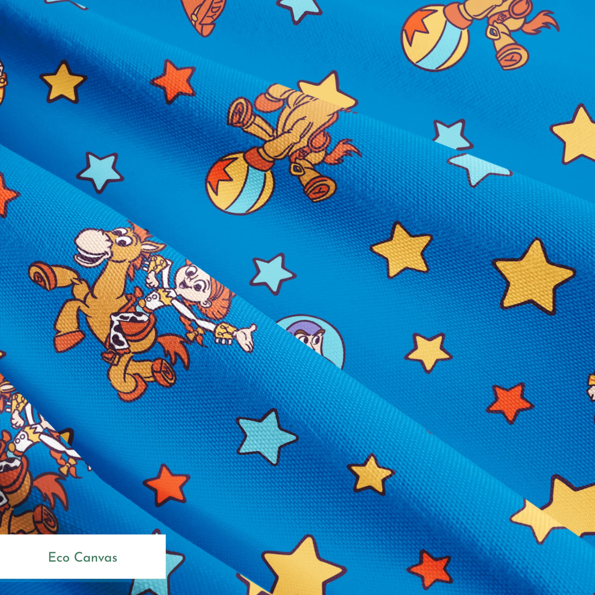 Toy Story characters floating in space pattern with stars on blue background springs ecocanvas texture