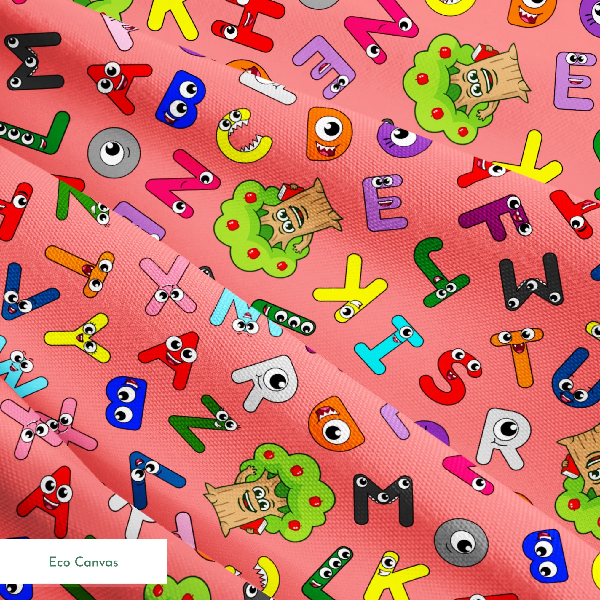 Colorful alphabet pattern with cartoon letter characters on bright pink background springs ecocanvas texture