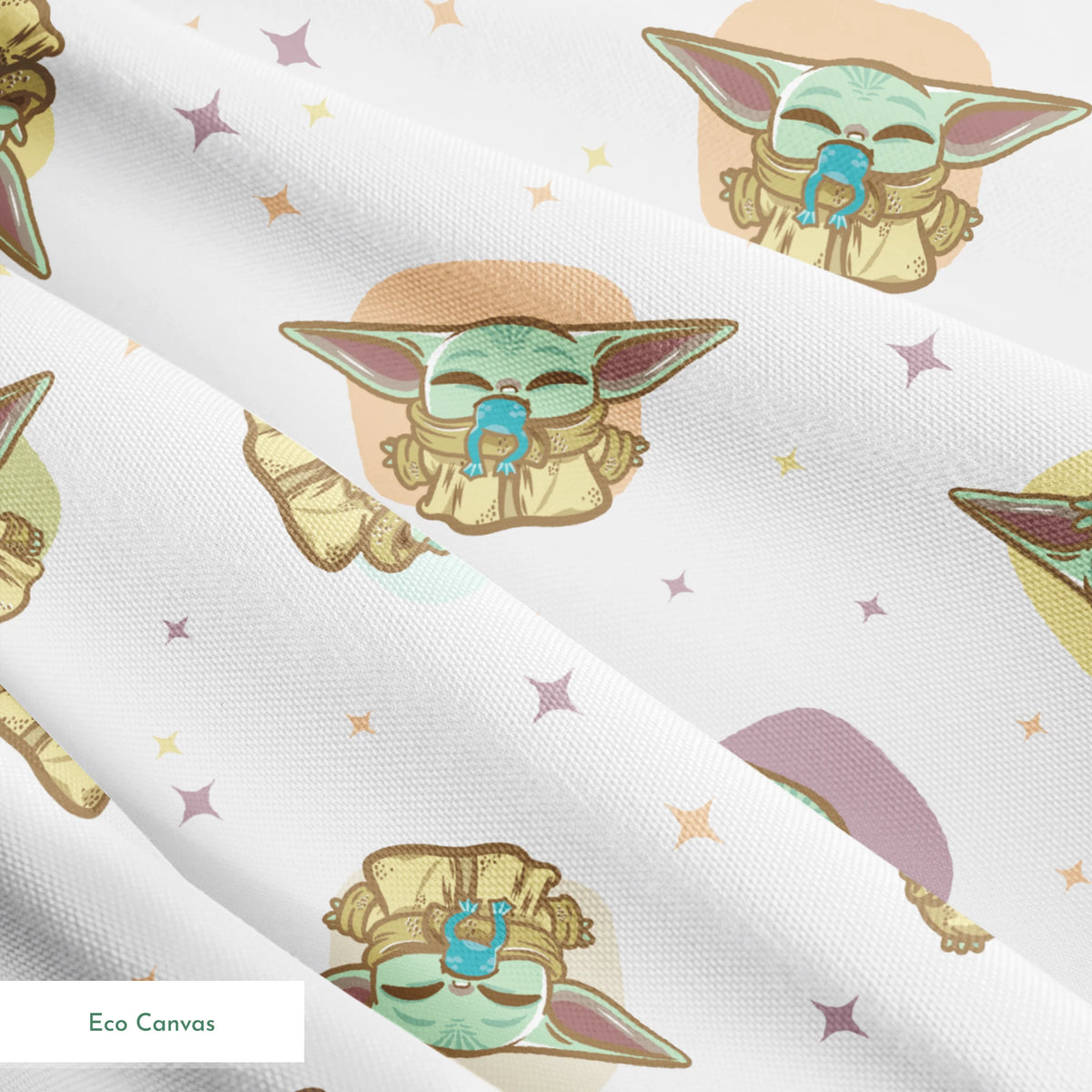 Cute cartoon characters in floating pods with big ears against a starry background, pastel colors springs ecocanvas texture