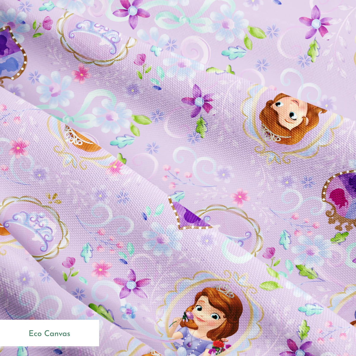 Princess Sofia pattern with purple flowers and swirls on lavender background springs ecocanvas texture