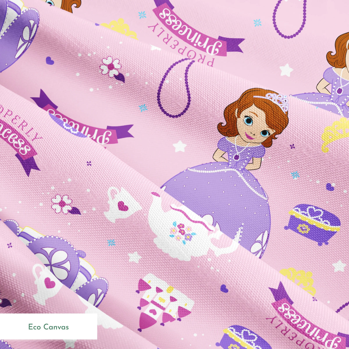 Princess-themed pattern with purple dresses, tiaras, teapots, and banners on pink background springs ecocanvas texture