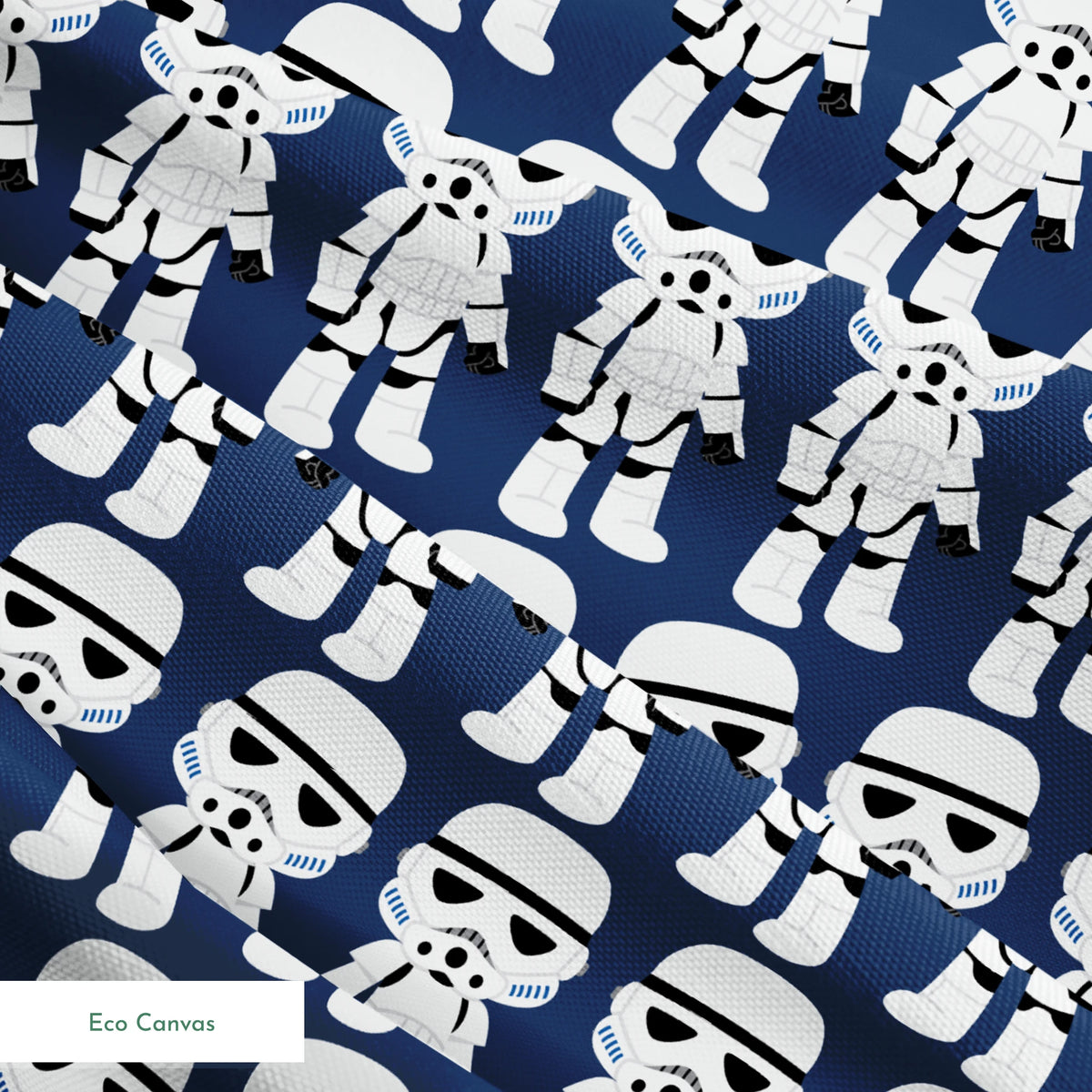 Repeated pattern of cartoon Stormtrooper characters in white armor against dark blue background springs ecocanvas texture