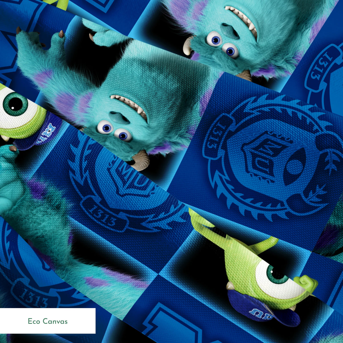 Monsters Inc characters pattern with Mike and Sulley on blue background with logos and emblems springs ecocanvas texture