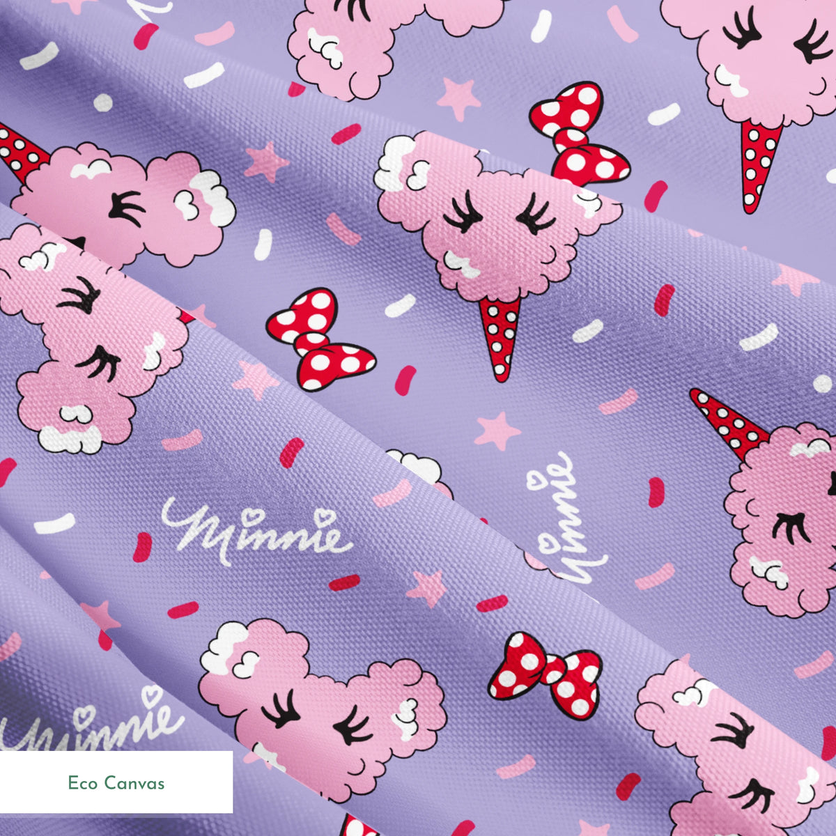 Pink Disney-inspired cotton candy and bows on purple background with confetti and stars springs ecocanvas texture