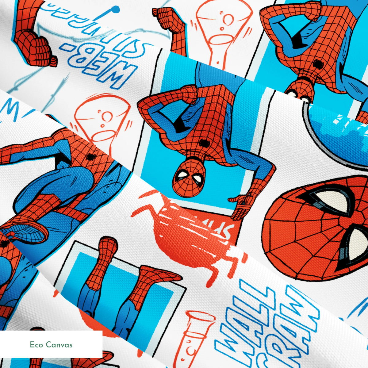 Comic-style Spider-Man pattern with red and blue figures in various poses, spider symbols, and text on white background springs ecocanvas texture