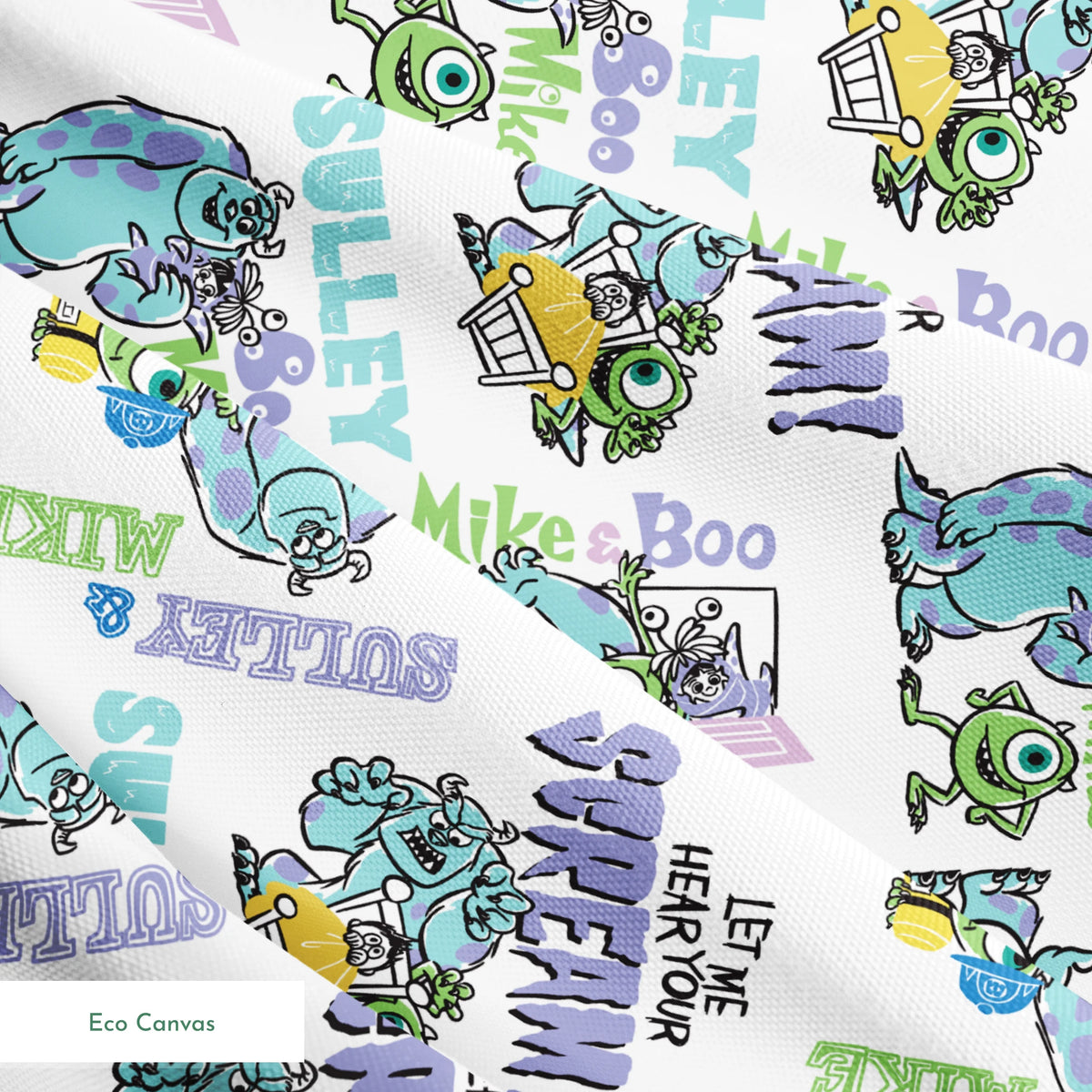 Monsters Inc pattern with Sulley and Mike characters in blue and green, with text like "Boo" and "Monsters" scattered throughout. springs ecocanvas texture