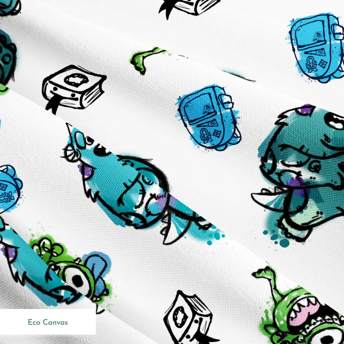Colorful Monsters Inc pattern with turquoise, green creatures and small boxes on white background springs ecocanvas texture