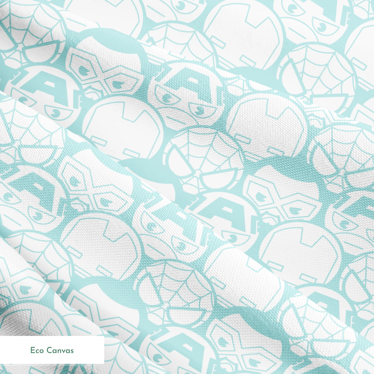 Light blue and white pattern of stylized superhero masks and helmets in a repeating design springs ecocanvas texture
