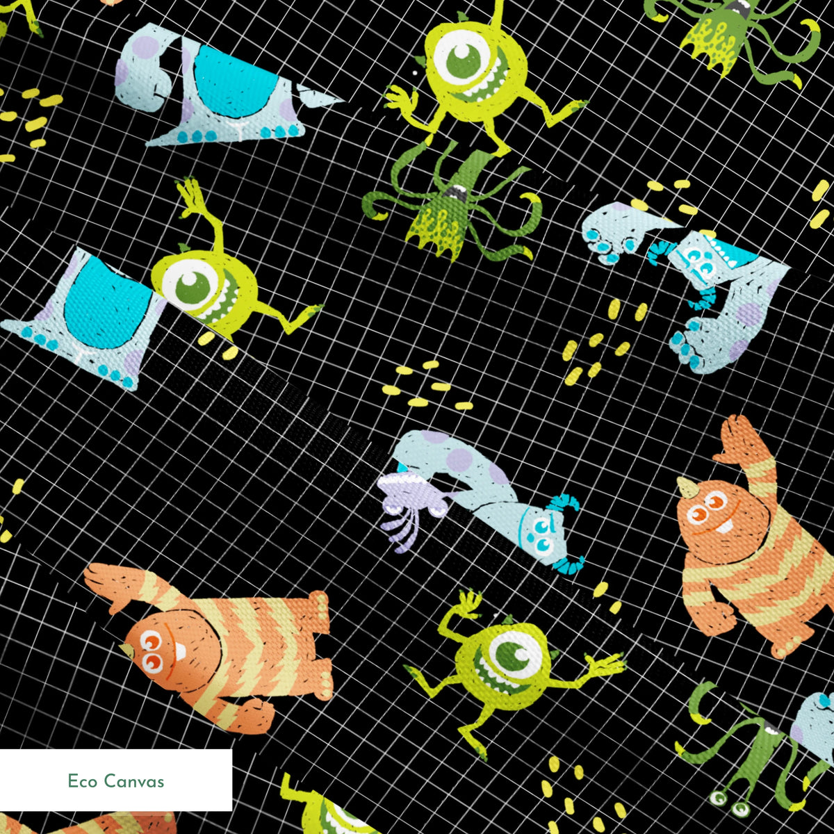 Monsters Inc pattern with Sulley, Mike, & friends on black grid background springs ecocanvas texture